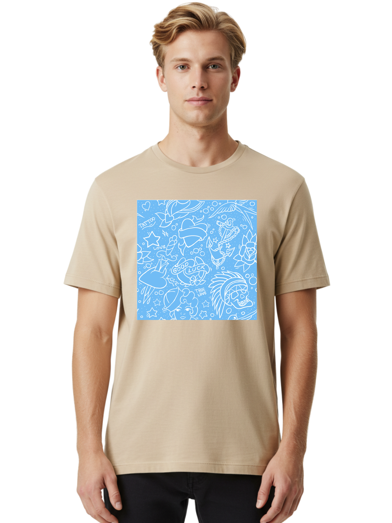 Tattoo Men'S Graphic Tee, 100% Cotton, Comfortable Casual Summer Wear, Machine Washable, Tattoo Designs, Skull Illustrations, Floral Motifs, Star Patterns, Banner Graphics, Ribbon Elements, Whimsical Doodles, Symbolic Imagery, Body Art Aac426 28