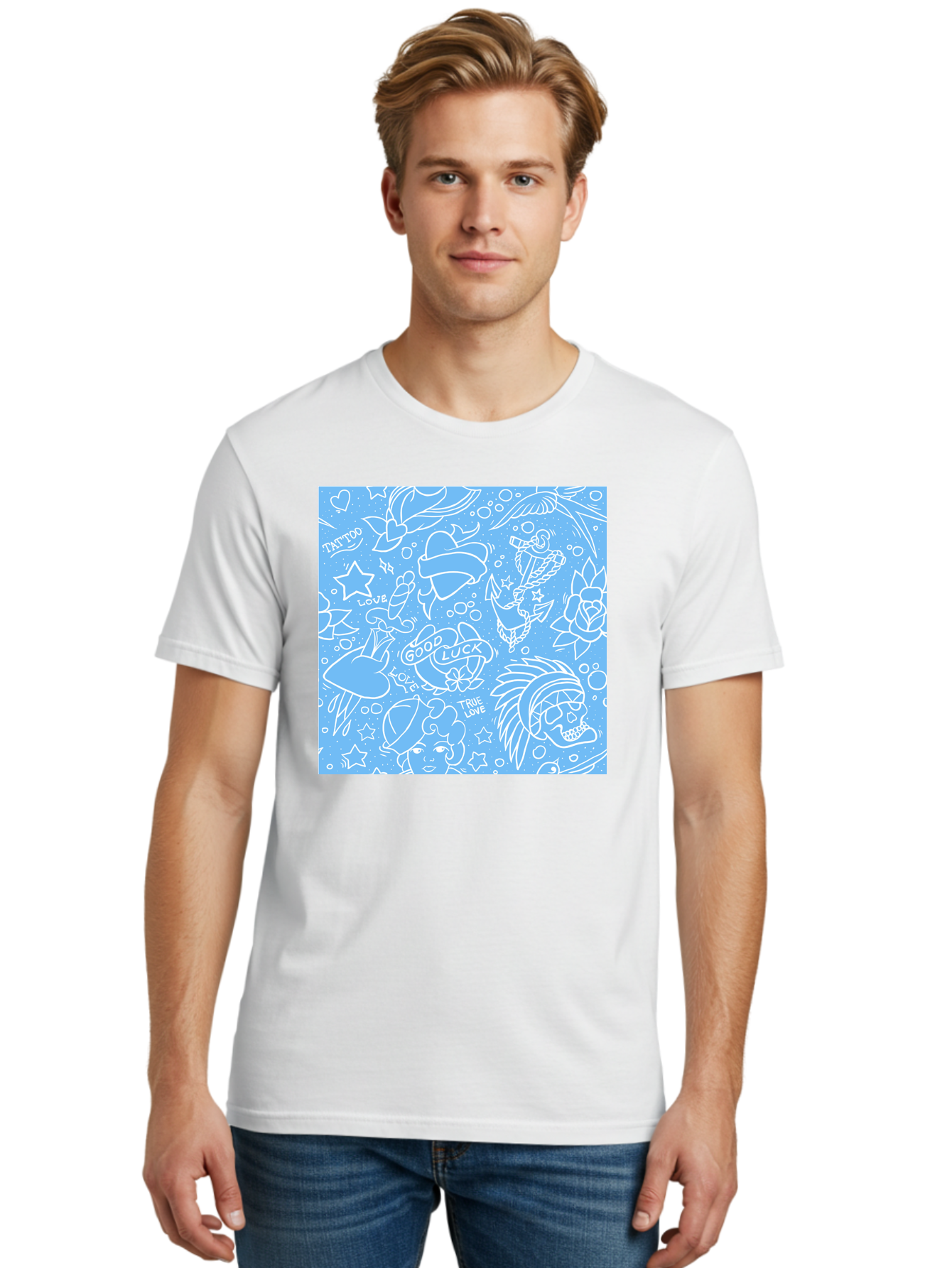 Tattoo Men'S Graphic Tee, 100% Cotton, Comfortable Casual Summer Wear, Machine Washable, Tattoo Designs, Skull Illustrations, Floral Motifs, Star Patterns, Banner Graphics, Ribbon Elements, Whimsical Doodles, Symbolic Imagery, Body Art Aac426 12