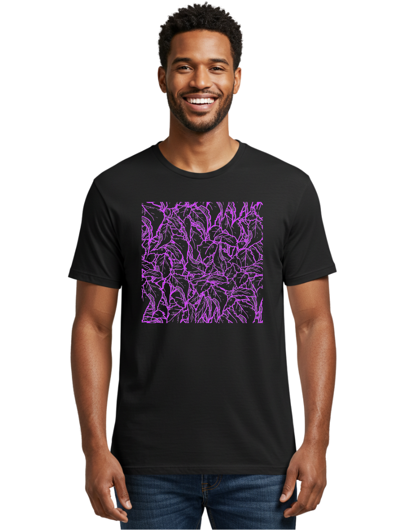 Tropical-Foliage Men'S Graphic Tee, 100% Cotton, Comfortable Casual Summer Wear, Machine Washable, Tropical Leaves, Leaf Pattern, Neon Pink, Cyan Background, Abstract Design, Botanical Art, Vibrant Colors, Summer Feel, Exotic Plants, Aac427 4