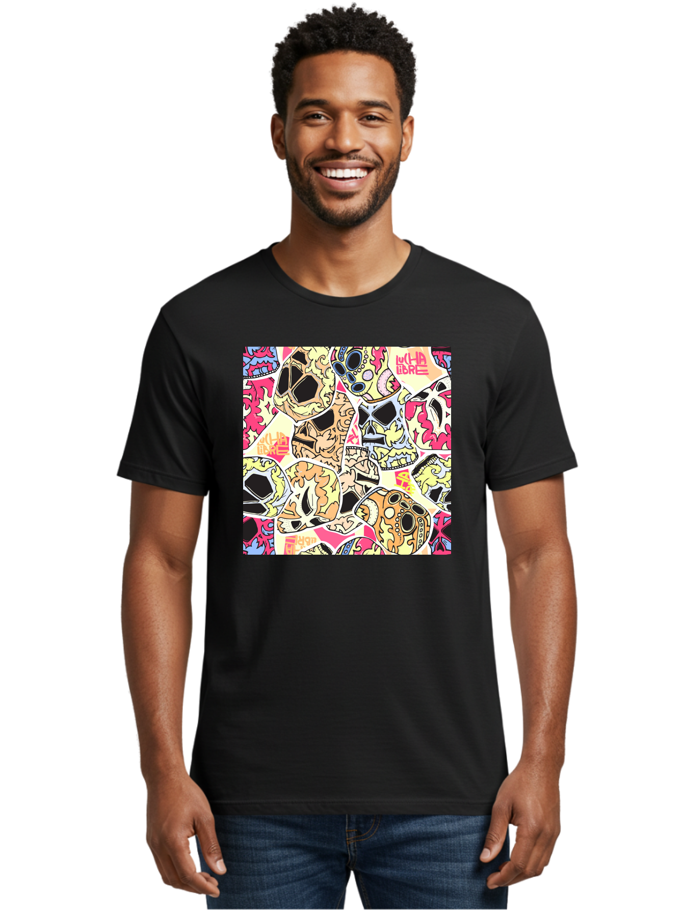 Wha-Libre Men'S Graphic Tee, 100% Cotton, Comfortable Casual Summer Wear, Machine Washable, Colorful Skulls, Sugar Skulls, Day Of The Dead, Vibrant Art, Wha Libre, Tattoo-Inspired Design, Street Art Style, Graphic Illustration, Ornate Details, Aac428 26
