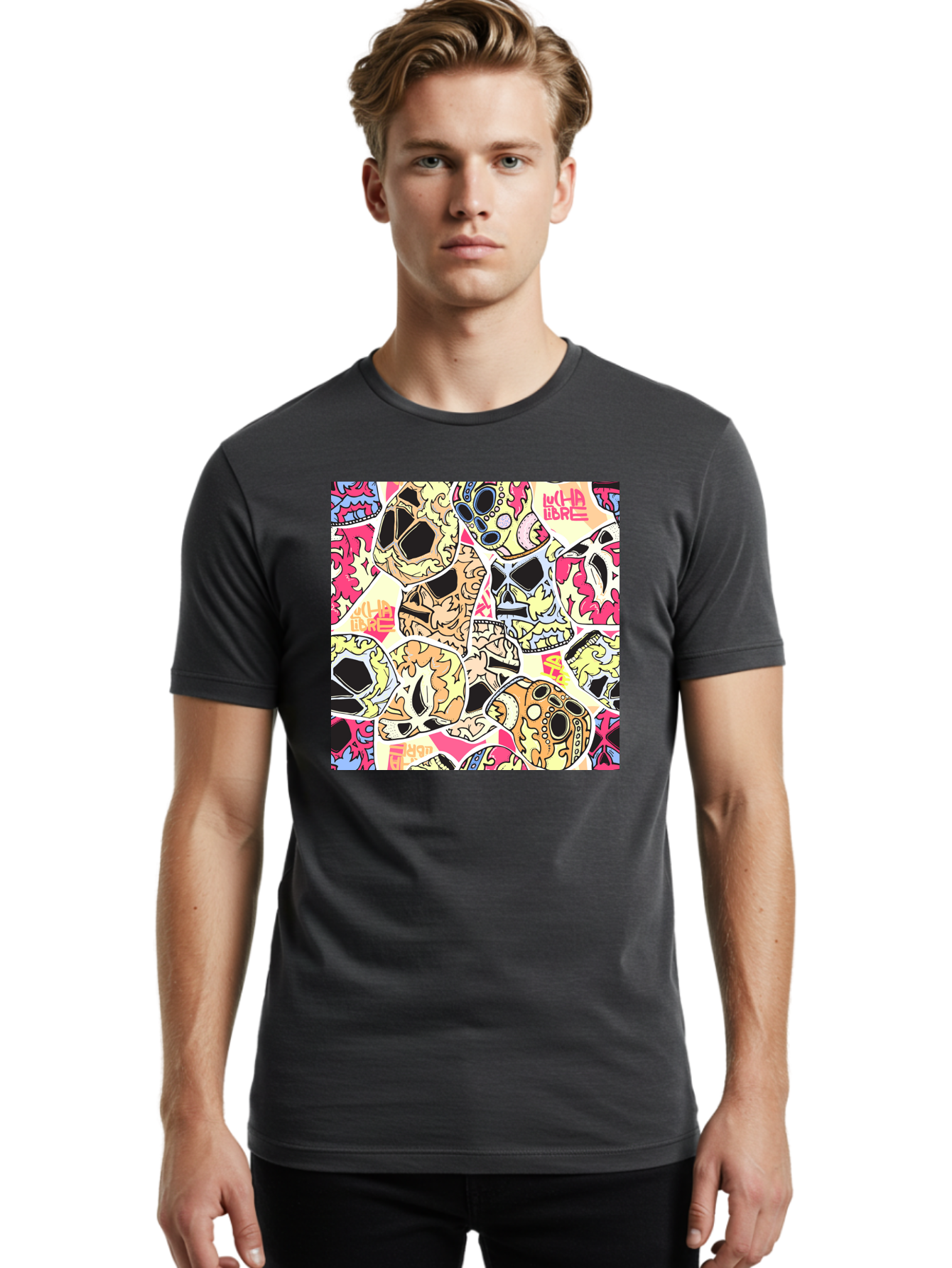 Wha-Libre Men'S Graphic Tee, 100% Cotton, Comfortable Casual Summer Wear, Machine Washable, Colorful Skulls, Sugar Skulls, Day Of The Dead, Vibrant Art, Wha Libre, Tattoo-Inspired Design, Street Art Style, Graphic Illustration, Ornate Details, Aac428 8
