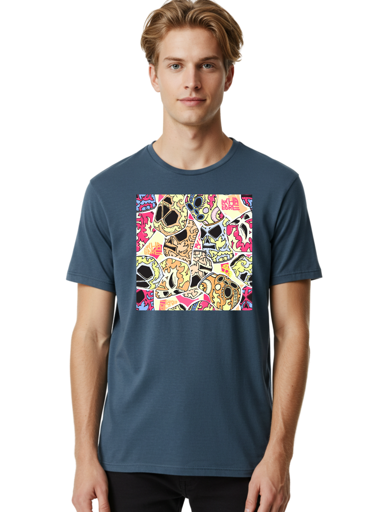 Wha-Libre Men'S Graphic Tee, 100% Cotton, Comfortable Casual Summer Wear, Machine Washable, Colorful Skulls, Sugar Skulls, Day Of The Dead, Vibrant Art, Wha Libre, Tattoo-Inspired Design, Street Art Style, Graphic Illustration, Ornate Details, Aac428 20