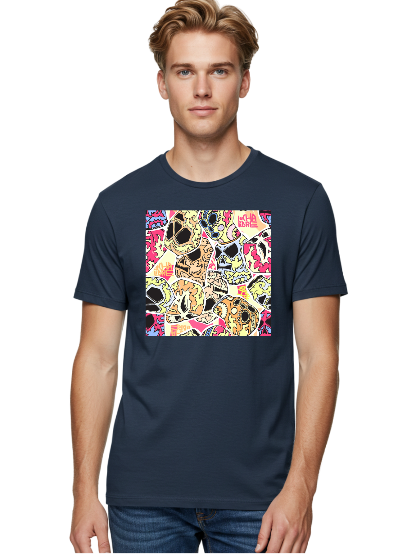 Wha-Libre Men'S Graphic Tee, 100% Cotton, Comfortable Casual Summer Wear, Machine Washable, Colorful Skulls, Sugar Skulls, Day Of The Dead, Vibrant Art, Wha Libre, Tattoo-Inspired Design, Street Art Style, Graphic Illustration, Ornate Details, Aac428 28