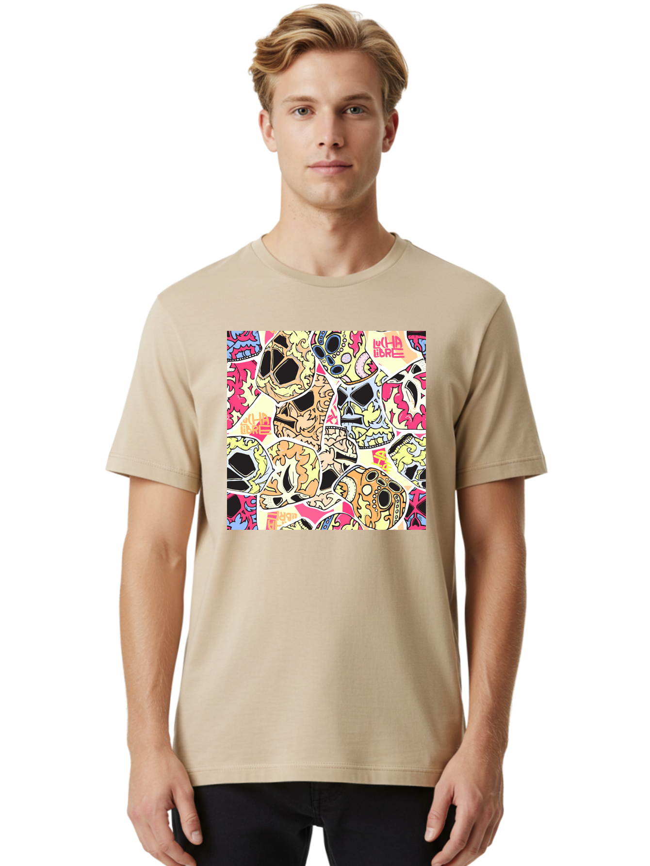 Wha-Libre Men'S Graphic Tee, 100% Cotton, Comfortable Casual Summer Wear, Machine Washable, Colorful Skulls, Sugar Skulls, Day Of The Dead, Vibrant Art, Wha Libre, Tattoo-Inspired Design, Street Art Style, Graphic Illustration, Ornate Details, Aac428 4