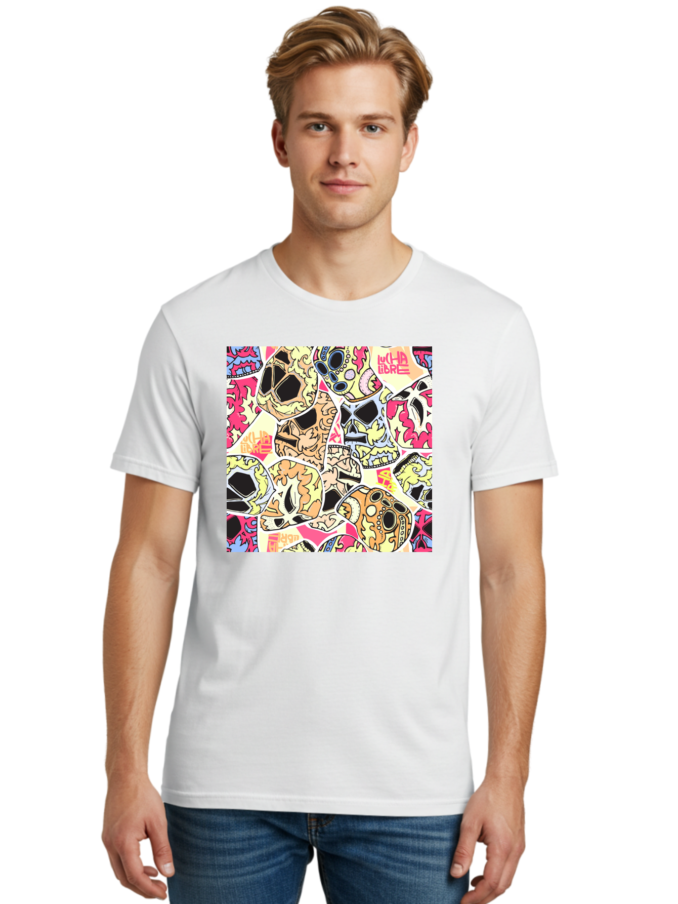Wha-Libre Men'S Graphic Tee, 100% Cotton, Comfortable Casual Summer Wear, Machine Washable, Colorful Skulls, Sugar Skulls, Day Of The Dead, Vibrant Art, Wha Libre, Tattoo-Inspired Design, Street Art Style, Graphic Illustration, Ornate Details, Aac428 12