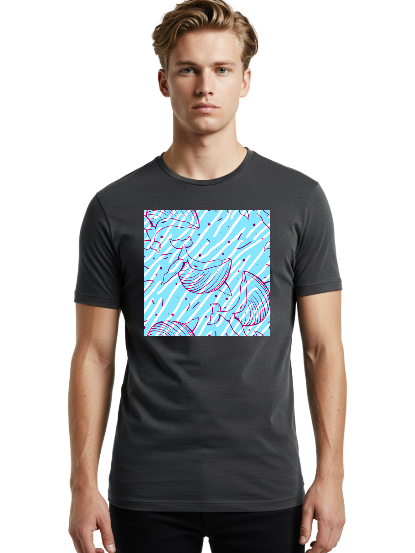 Whales-Pattern Men'S Graphic Tee, 100% Cotton, Comfortable Casual Summer Wear, Machine Washable, Whales, Abstract Pattern, Ocean Animals, Marine Life, Whimsical Design, Wavy Lines, Pink And Blue Hues, Dynamic Graphics, Playful Artwork, Aac429 18
