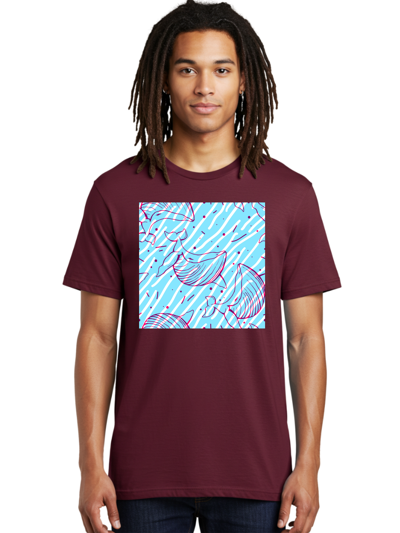 Whales-Pattern Men'S Graphic Tee, 100% Cotton, Comfortable Casual Summer Wear, Machine Washable, Whales, Abstract Pattern, Ocean Animals, Marine Life, Whimsical Design, Wavy Lines, Pink And Blue Hues, Dynamic Graphics, Playful Artwork, Aac429 6