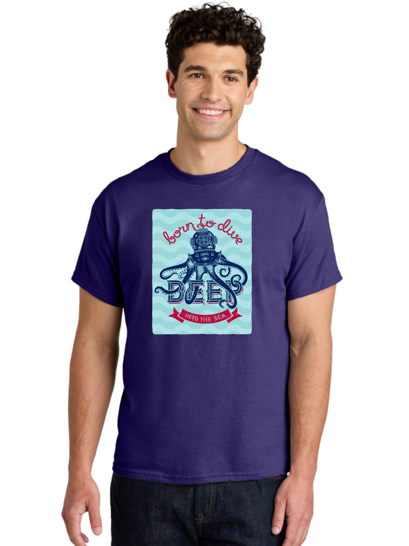 Born-To-Dive-1 Men'S Graphic Tee, 100% Cotton, Comfortable Casual Summer Wear, Machine Washable, Scuba Diving, Underwater Adventure, Diving Enthusiast, Octopus With Scuba Gear, Deep Sea Exploration, Ocean Lover, Vintage Style, Sea Creatures, Aac430 24