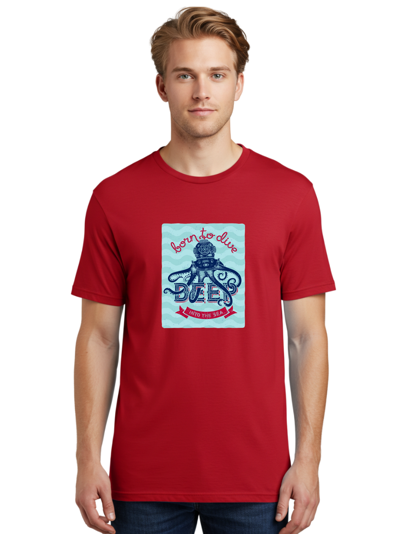 Born-To-Dive-1 Men'S Graphic Tee, 100% Cotton, Comfortable Casual Summer Wear, Machine Washable, Scuba Diving, Underwater Adventure, Diving Enthusiast, Octopus With Scuba Gear, Deep Sea Exploration, Ocean Lover, Vintage Style, Sea Creatures, Aac430 30
