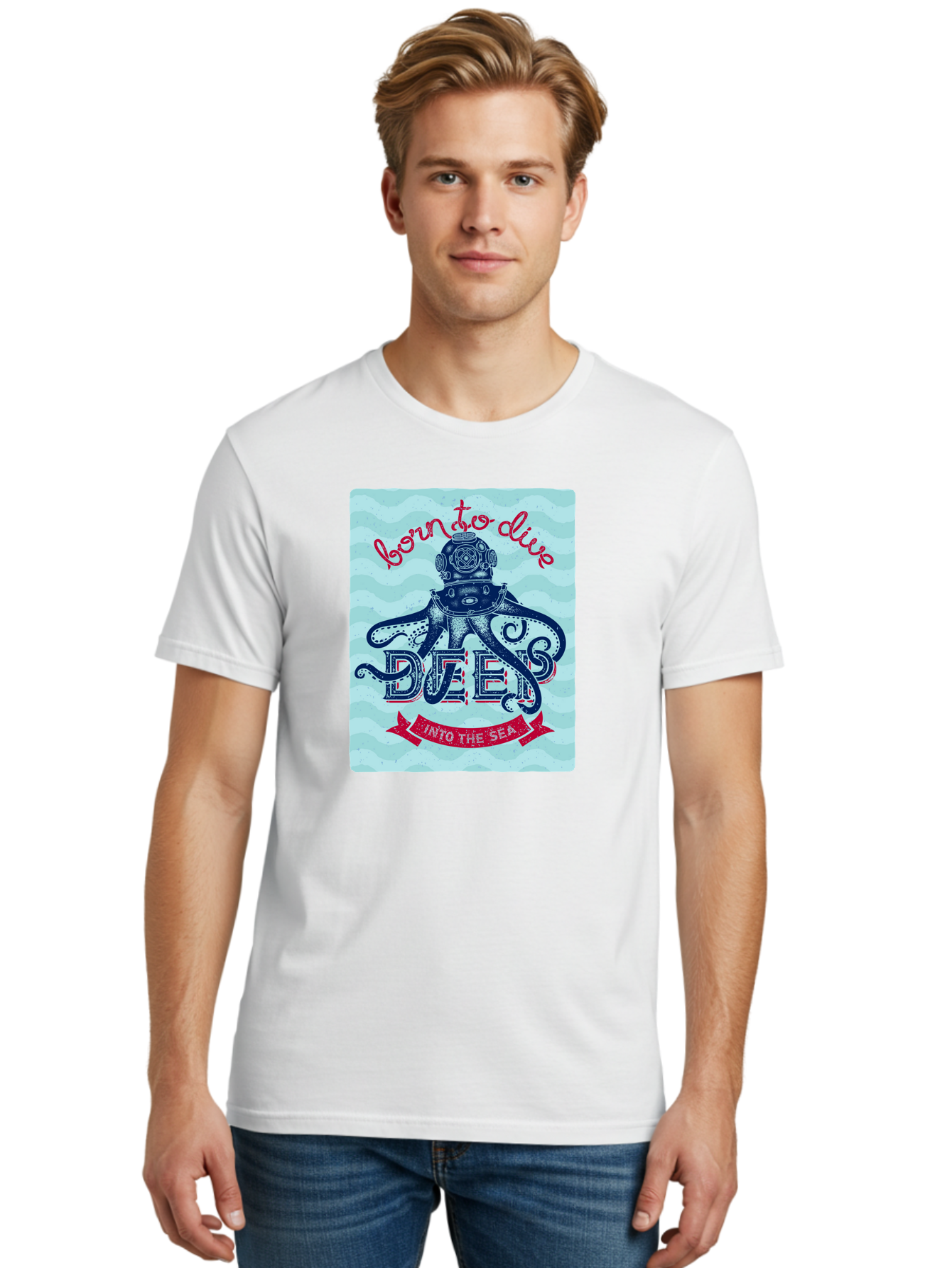 Born-To-Dive-1 Men'S Graphic Tee, 100% Cotton, Comfortable Casual Summer Wear, Machine Washable, Scuba Diving, Underwater Adventure, Diving Enthusiast, Octopus With Scuba Gear, Deep Sea Exploration, Ocean Lover, Vintage Style, Sea Creatures, Aac430 4