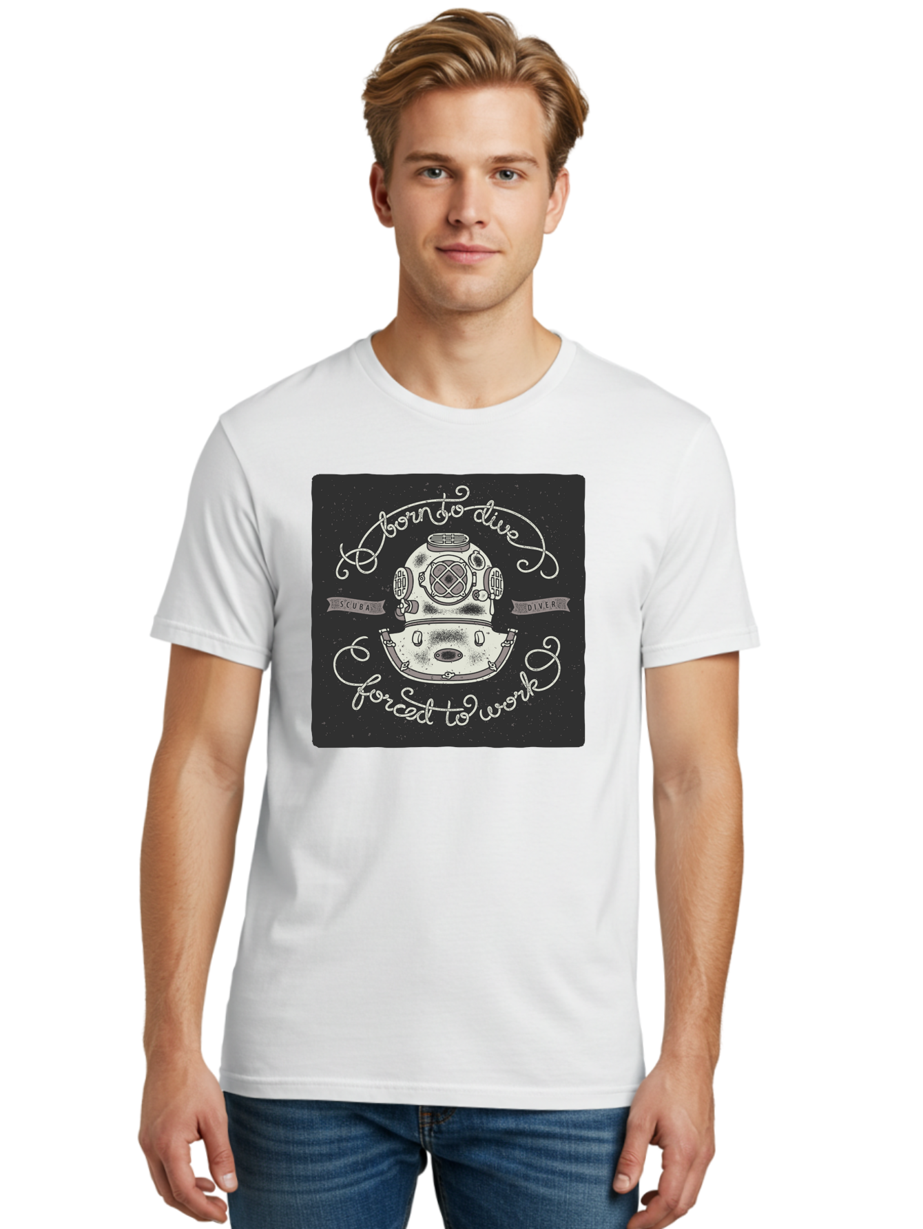 Born-To-Dive-3 Men'S Graphic Tee, 100% Cotton, Comfortable Casual Summer Wear, Machine Washable, Scuba Diver, Diving Helmet, Underwater Exploration, Ocean Adventure, Vintage Diving Gear, Motivational Quote, Typography Art, Nautical Theme, Aac432 2