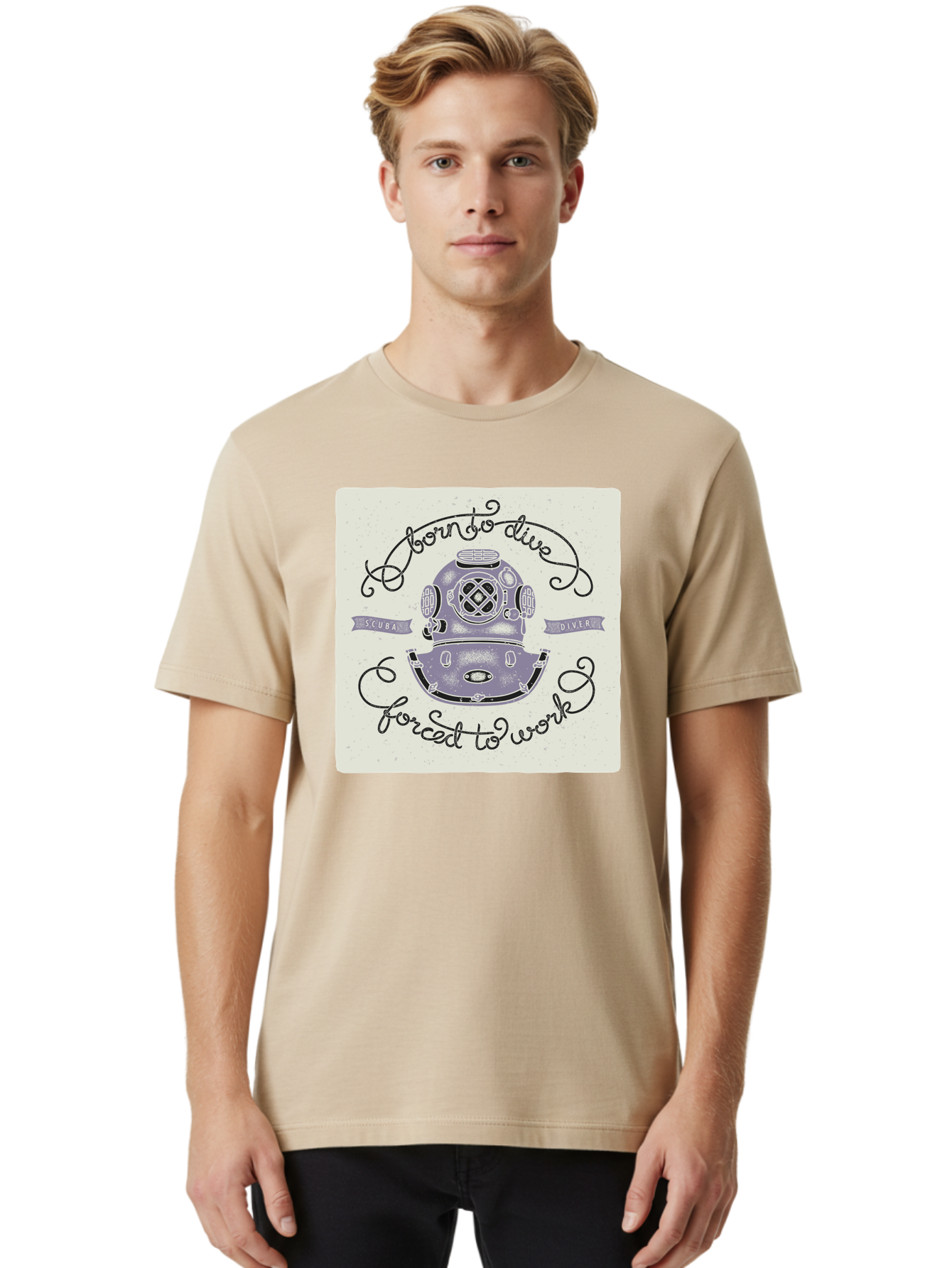 Born-To-Dive Men'S Graphic Tee, 100% Cotton, Comfortable Casual Summer Wear, Machine Washable, Scuba Diver, Diving Helmet, Underwater Adventure, Ocean Exploration, Vintage Diving Gear, Scuba Diving, Diver'S Life, Born To Dive, Forced To Work, Aac433 4