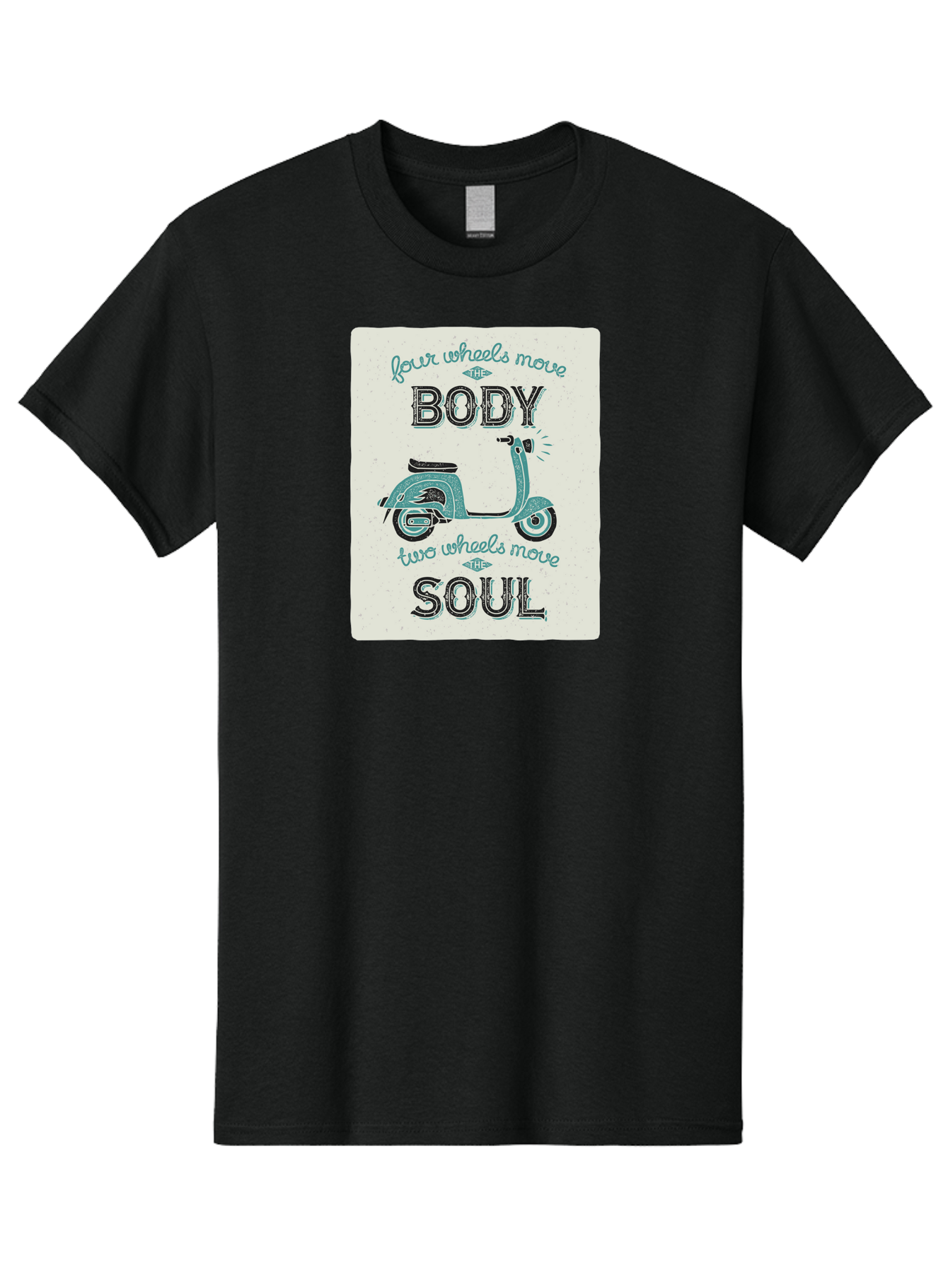 Four-Wheels-Move-The-Body-Two-Wheels-Move-The-Soul-1 Men'S Graphic Tee, 100% Cotton, Comfortable Casual Summer Wear, Machine Washable, Vintage Scooter, Retro Design, Quote About Soul, Bike Enthusiast, Motor Scooter, Scooter Lover, Aac435 13