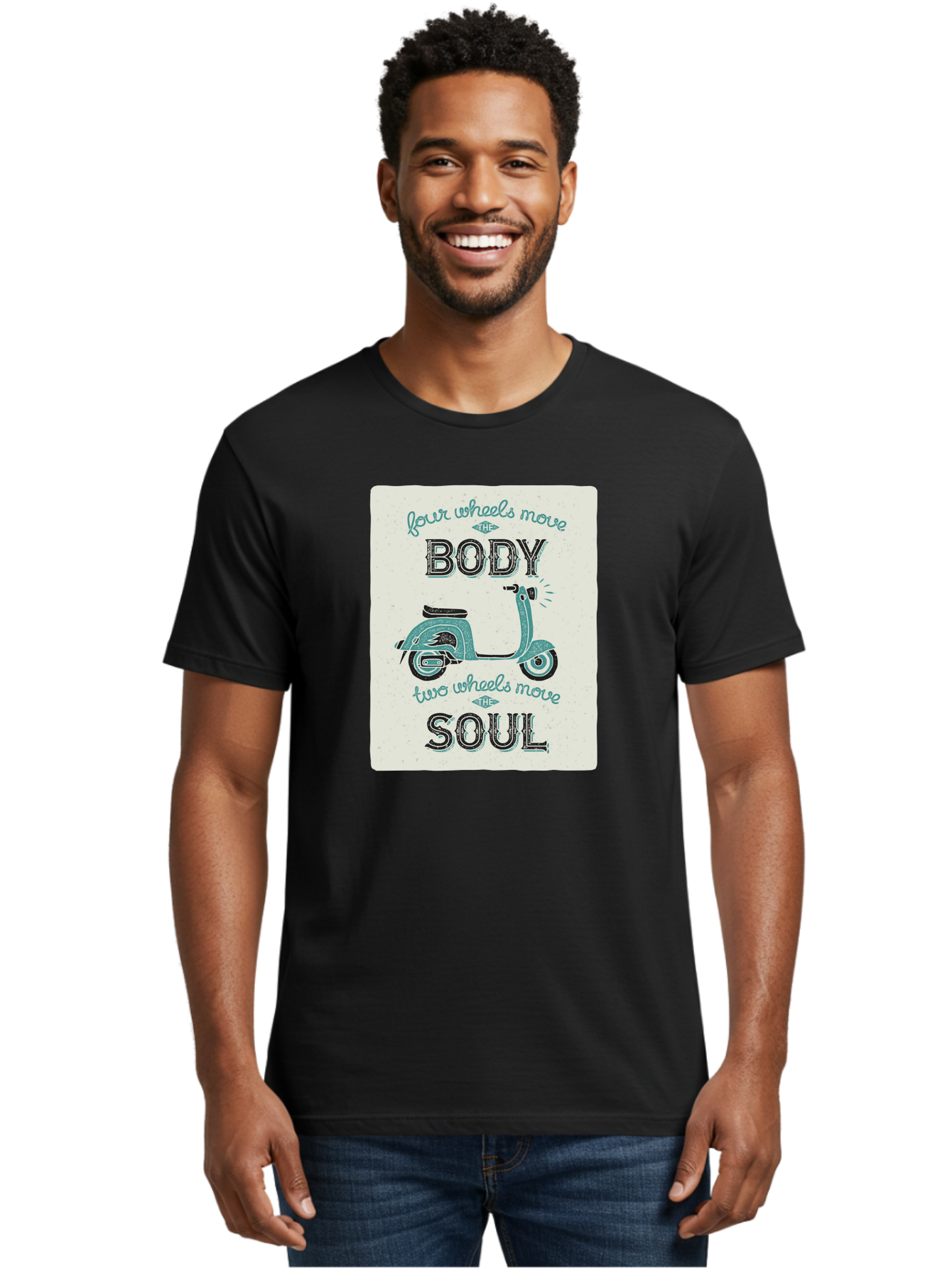 Four-Wheels-Move-The-Body-Two-Wheels-Move-The-Soul-1 Men'S Graphic Tee, 100% Cotton, Comfortable Casual Summer Wear, Machine Washable, Vintage Scooter, Retro Design, Quote About Soul, Bike Enthusiast, Motor Scooter, Scooter Lover, Aac435 14