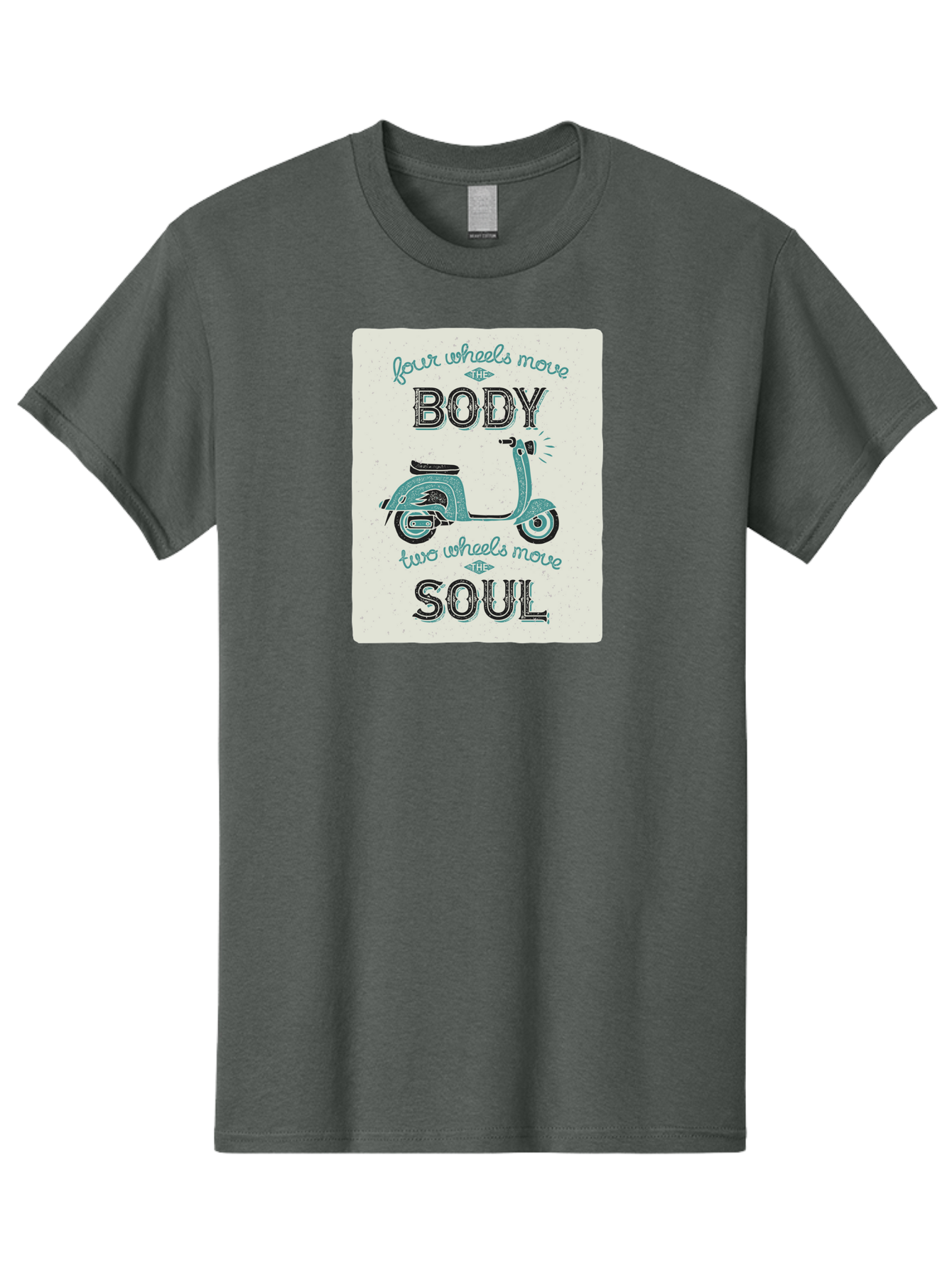 Four-Wheels-Move-The-Body-Two-Wheels-Move-The-Soul-1 Men'S Graphic Tee, 100% Cotton, Comfortable Casual Summer Wear, Machine Washable, Vintage Scooter, Retro Design, Quote About Soul, Bike Enthusiast, Motor Scooter, Scooter Lover, Aac435 25