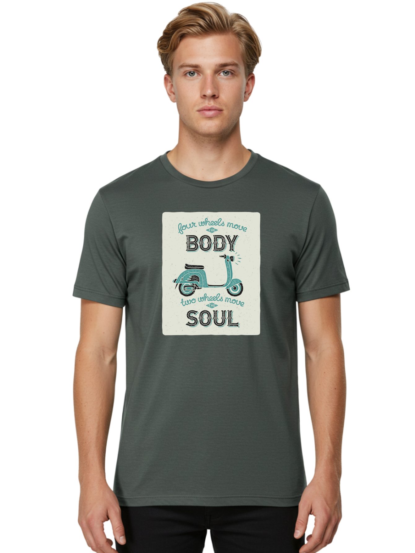 Four-Wheels-Move-The-Body-Two-Wheels-Move-The-Soul-1 Men'S Graphic Tee, 100% Cotton, Comfortable Casual Summer Wear, Machine Washable, Vintage Scooter, Retro Design, Quote About Soul, Bike Enthusiast, Motor Scooter, Scooter Lover, Aac435 26