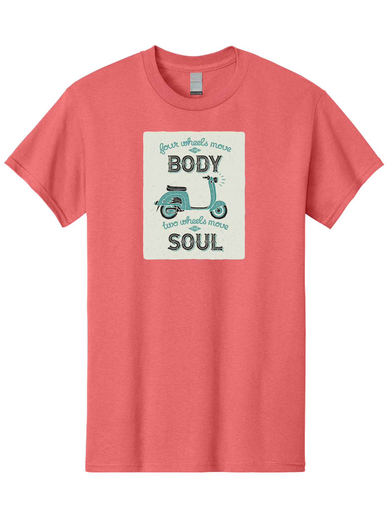 Four-Wheels-Move-The-Body-Two-Wheels-Move-The-Soul-1 Men'S Graphic Tee, 100% Cotton, Comfortable Casual Summer Wear, Machine Washable, Vintage Scooter, Retro Design, Quote About Soul, Bike Enthusiast, Motor Scooter, Scooter Lover, Aac435 1