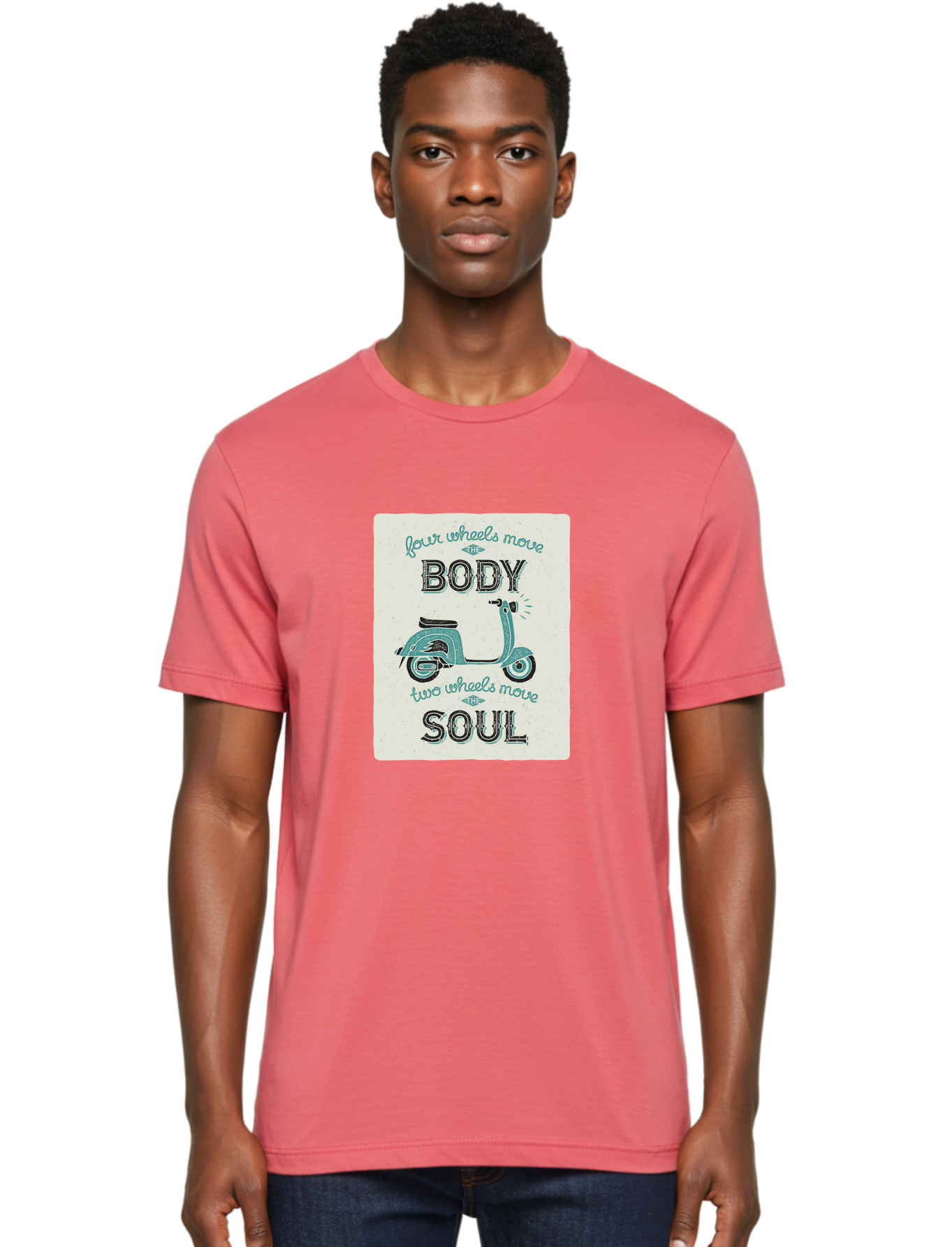 Four-Wheels-Move-The-Body-Two-Wheels-Move-The-Soul-1 Men'S Graphic Tee, 100% Cotton, Comfortable Casual Summer Wear, Machine Washable, Vintage Scooter, Retro Design, Quote About Soul, Bike Enthusiast, Motor Scooter, Scooter Lover, Aac435 2