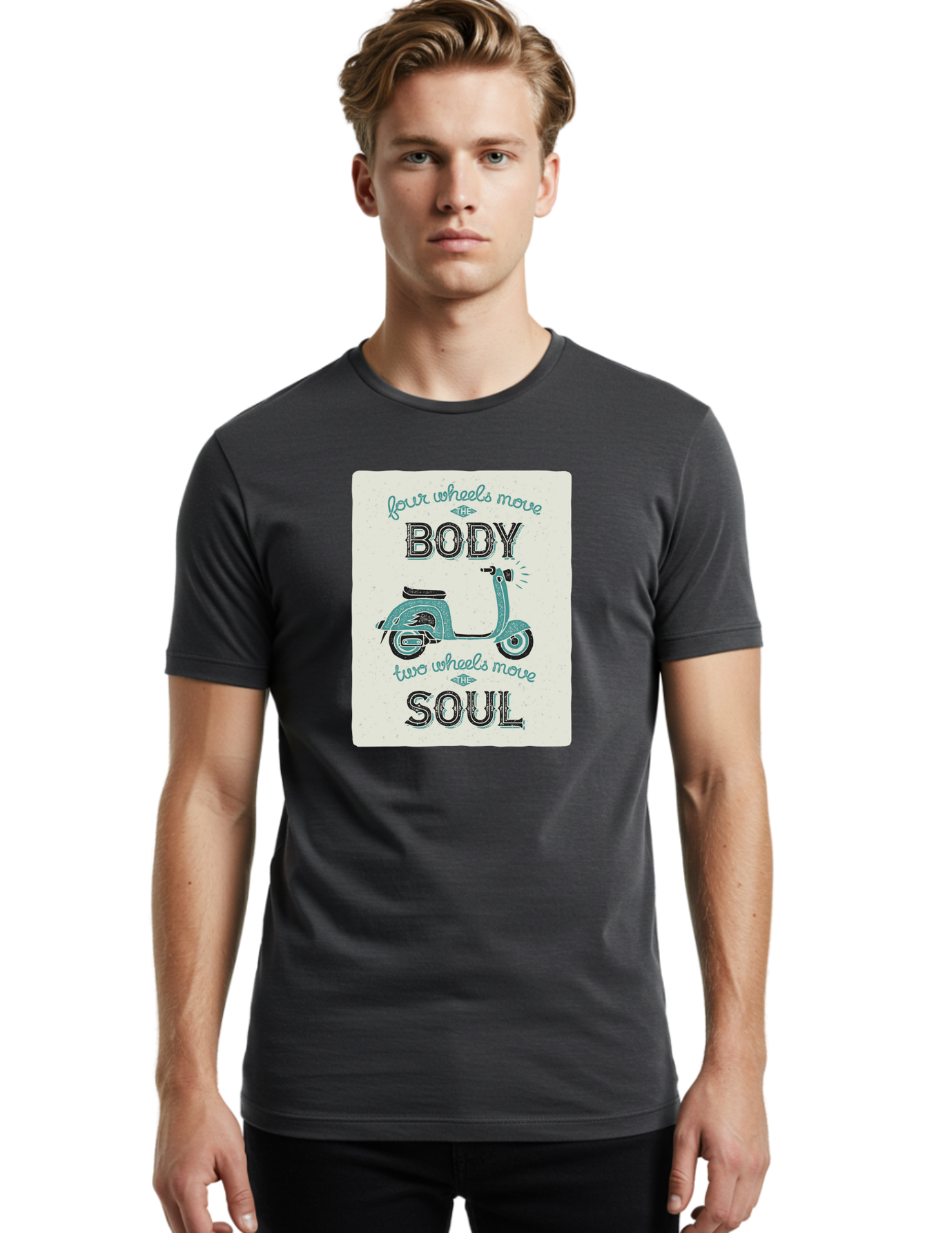 Four-Wheels-Move-The-Body-Two-Wheels-Move-The-Soul-1 Men'S Graphic Tee, 100% Cotton, Comfortable Casual Summer Wear, Machine Washable, Vintage Scooter, Retro Design, Quote About Soul, Bike Enthusiast, Motor Scooter, Scooter Lover, Aac435 18