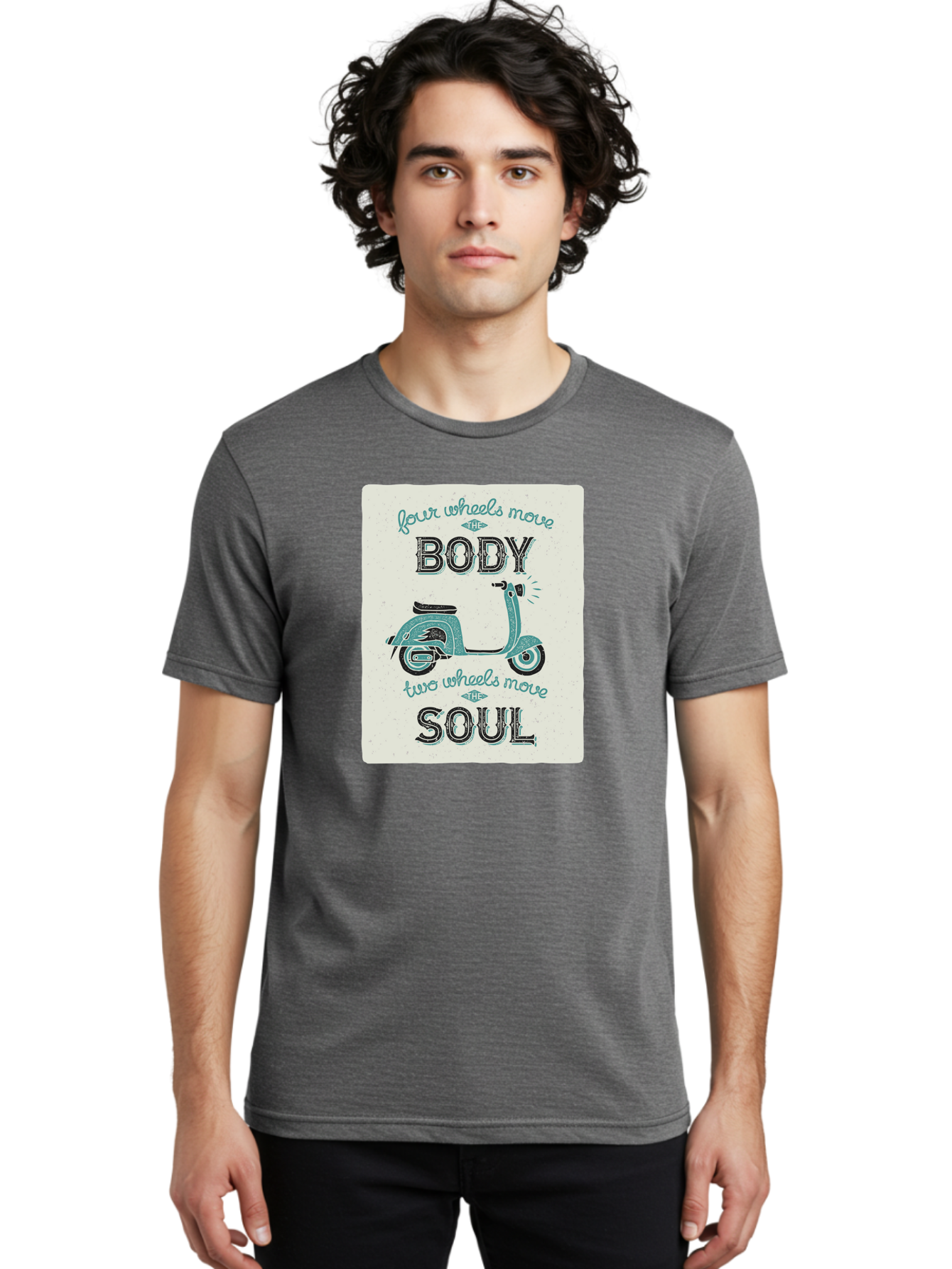 Four-Wheels-Move-The-Body-Two-Wheels-Move-The-Soul-1 Men'S Graphic Tee, 100% Cotton, Comfortable Casual Summer Wear, Machine Washable, Vintage Scooter, Retro Design, Quote About Soul, Bike Enthusiast, Motor Scooter, Scooter Lover, Aac435 4