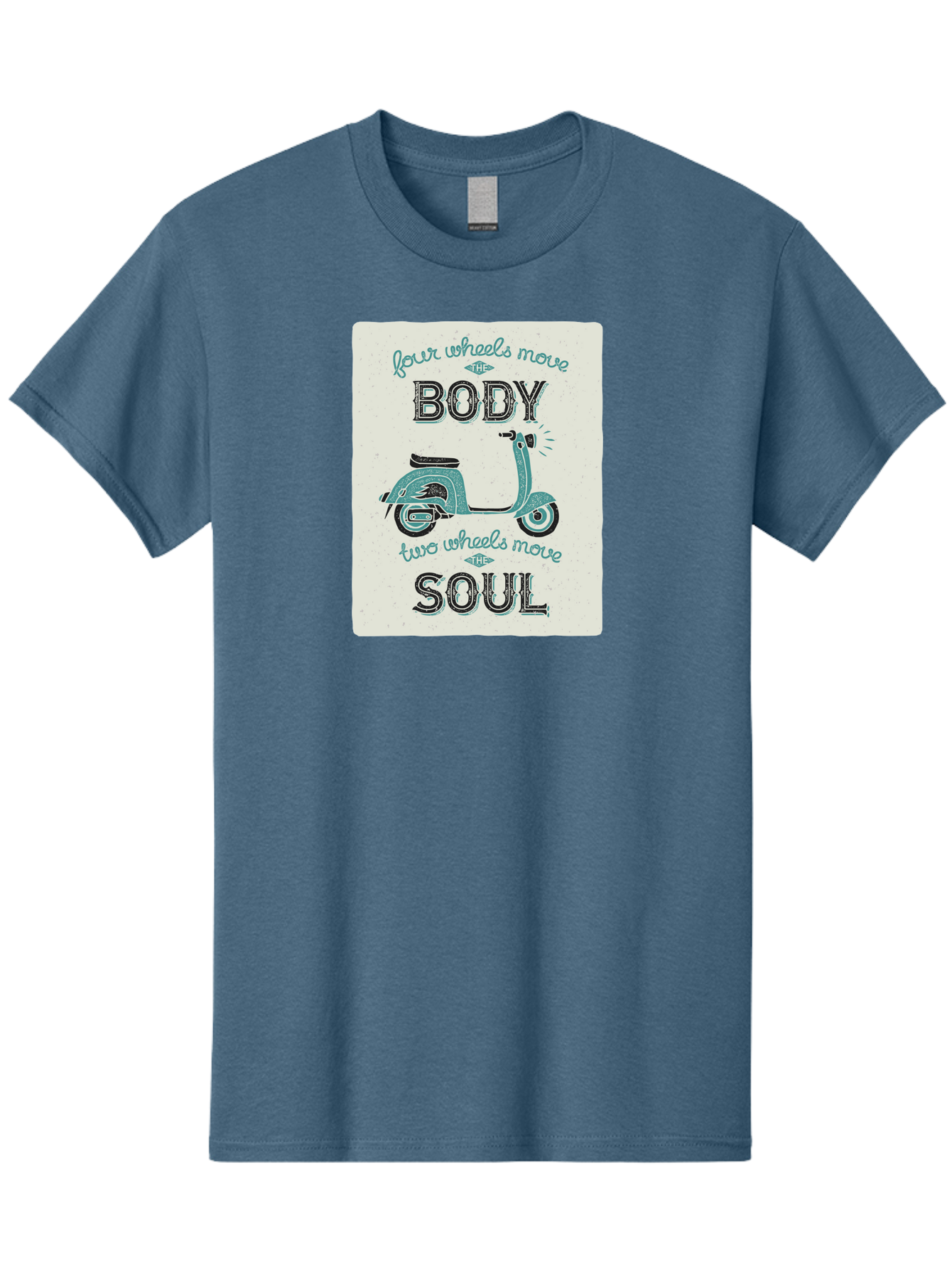 Four-Wheels-Move-The-Body-Two-Wheels-Move-The-Soul-1 Men'S Graphic Tee, 100% Cotton, Comfortable Casual Summer Wear, Machine Washable, Vintage Scooter, Retro Design, Quote About Soul, Bike Enthusiast, Motor Scooter, Scooter Lover, Aac435 15