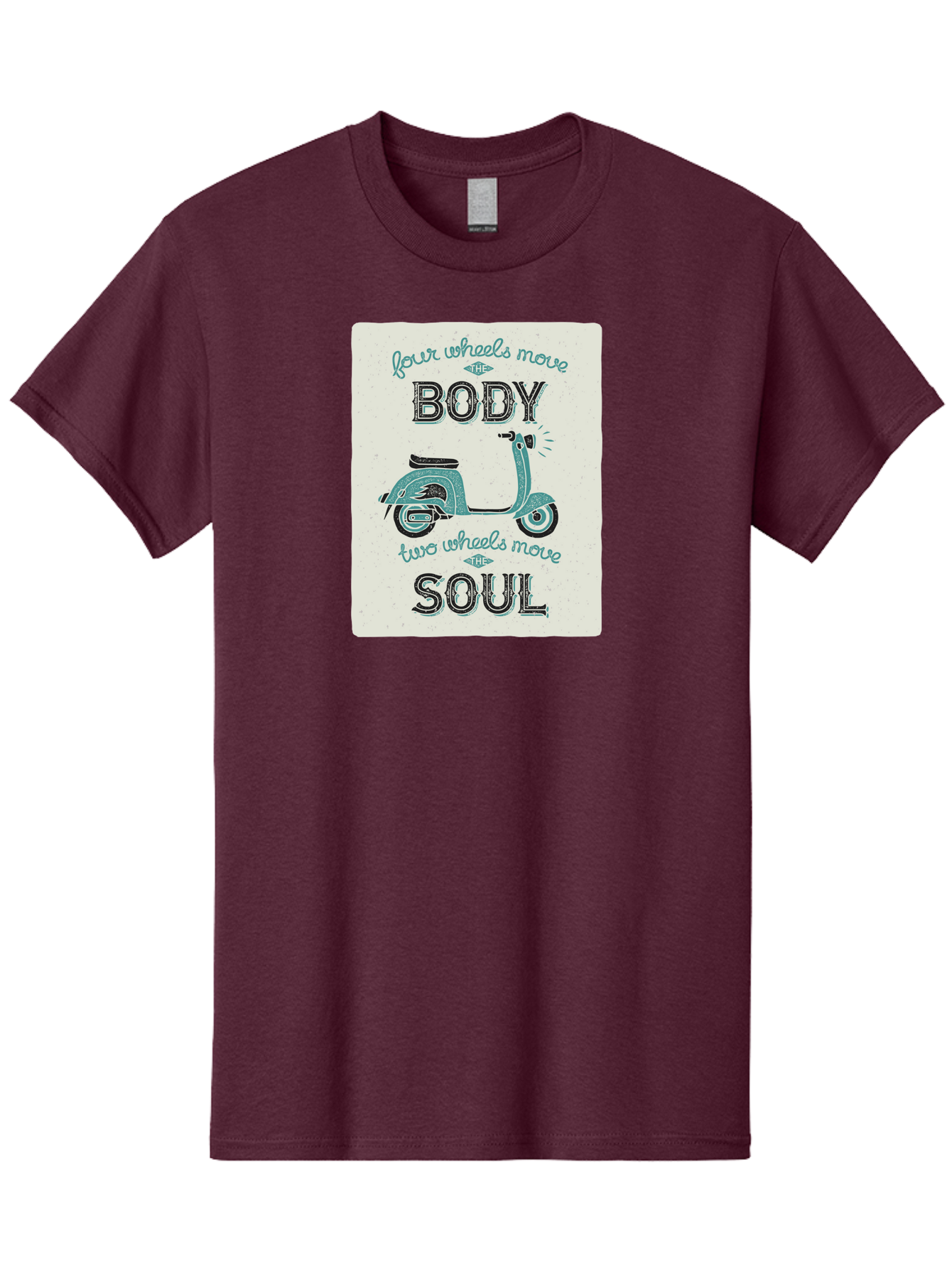 Four-Wheels-Move-The-Body-Two-Wheels-Move-The-Soul-1 Men'S Graphic Tee, 100% Cotton, Comfortable Casual Summer Wear, Machine Washable, Vintage Scooter, Retro Design, Quote About Soul, Bike Enthusiast, Motor Scooter, Scooter Lover, Aac435 23