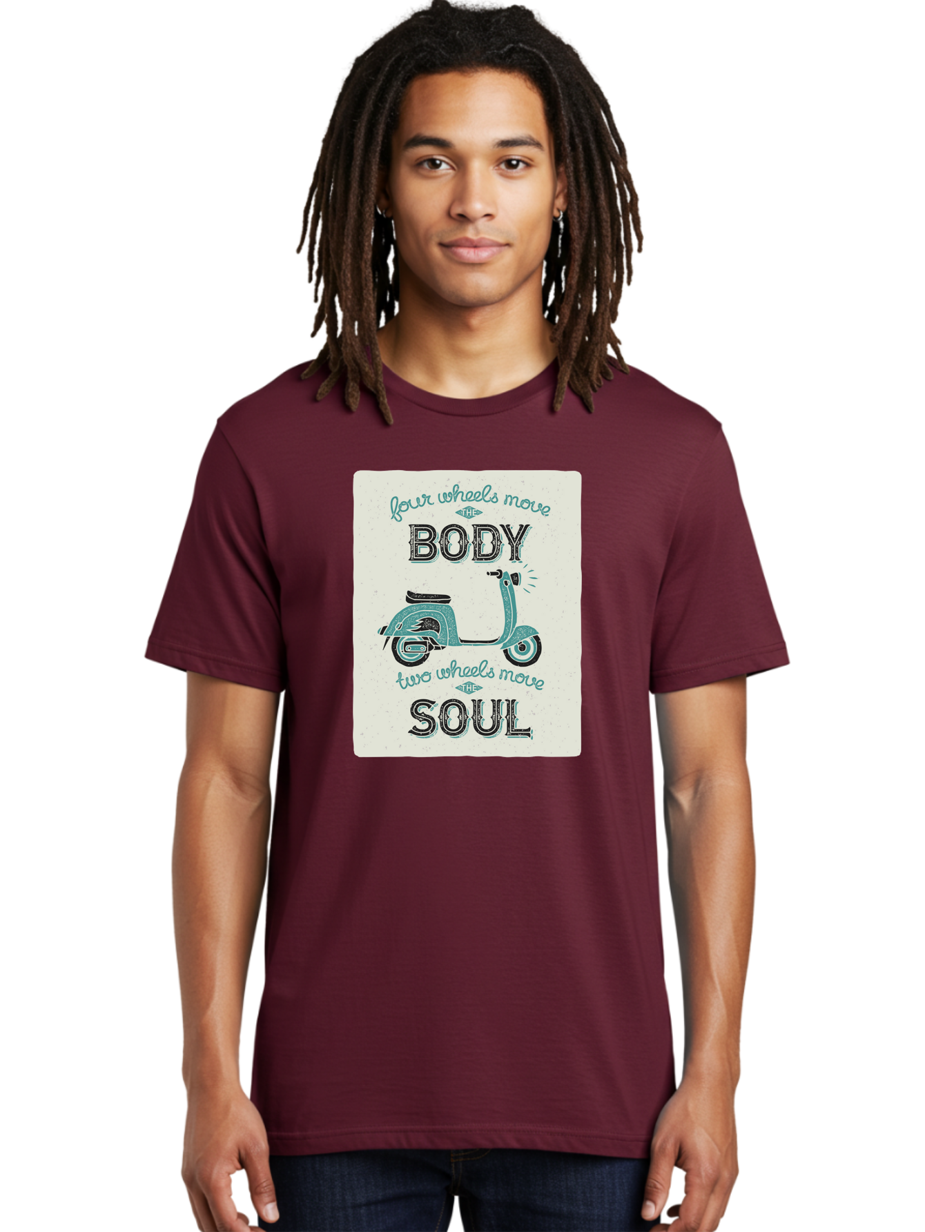Four-Wheels-Move-The-Body-Two-Wheels-Move-The-Soul-1 Men'S Graphic Tee, 100% Cotton, Comfortable Casual Summer Wear, Machine Washable, Vintage Scooter, Retro Design, Quote About Soul, Bike Enthusiast, Motor Scooter, Scooter Lover, Aac435 24
