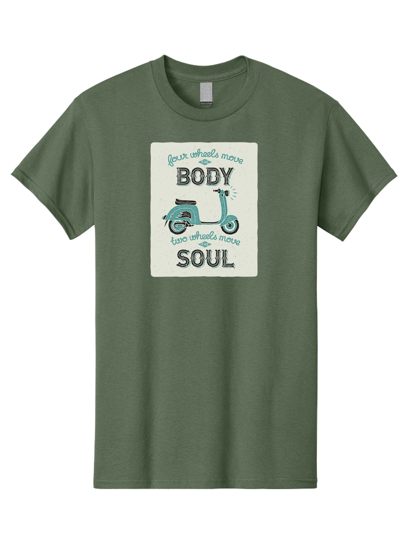 Four-Wheels-Move-The-Body-Two-Wheels-Move-The-Soul-1 Men'S Graphic Tee, 100% Cotton, Comfortable Casual Summer Wear, Machine Washable, Vintage Scooter, Retro Design, Quote About Soul, Bike Enthusiast, Motor Scooter, Scooter Lover, Aac435 19