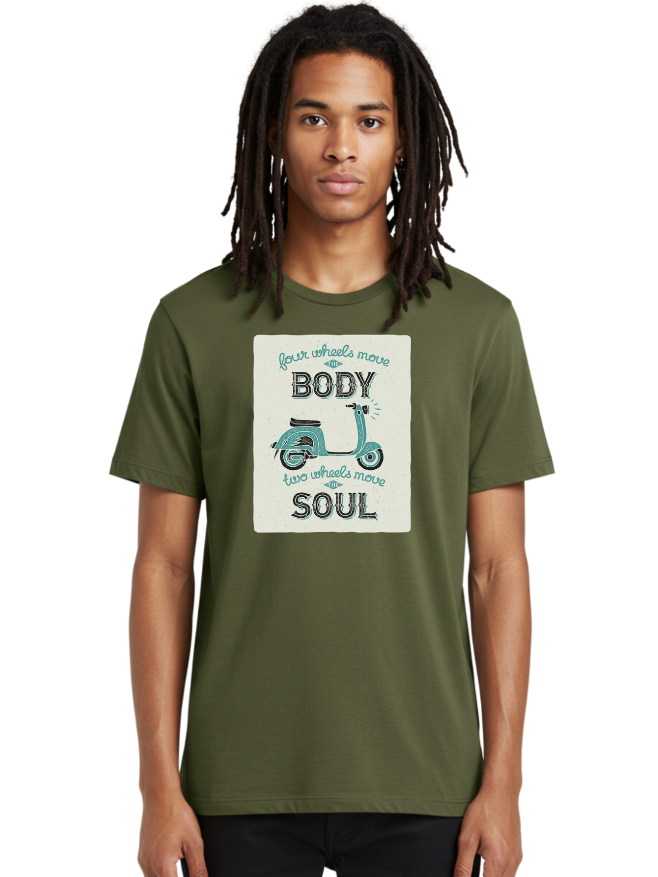 Four-Wheels-Move-The-Body-Two-Wheels-Move-The-Soul-1 Men'S Graphic Tee, 100% Cotton, Comfortable Casual Summer Wear, Machine Washable, Vintage Scooter, Retro Design, Quote About Soul, Bike Enthusiast, Motor Scooter, Scooter Lover, Aac435 20