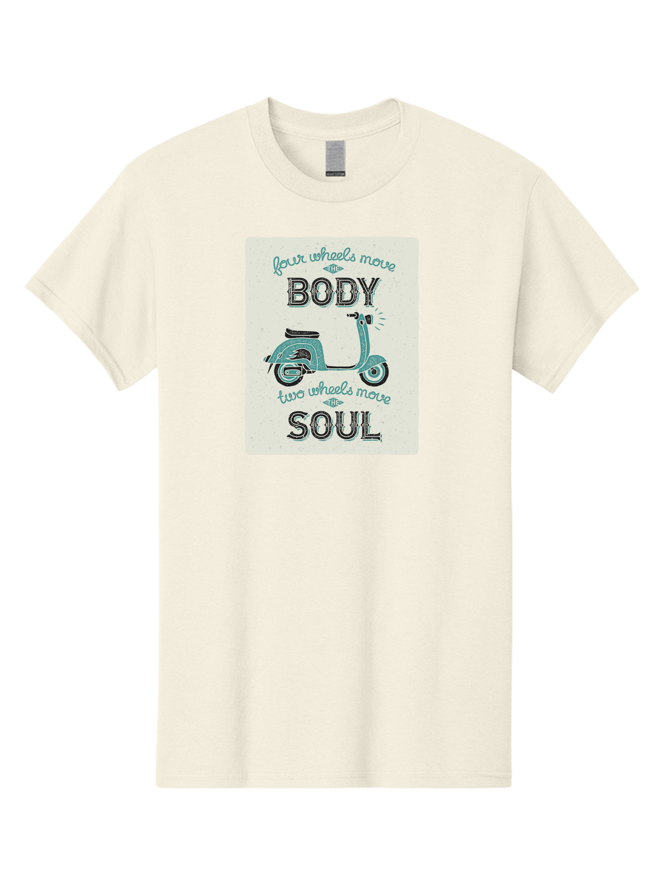 Four-Wheels-Move-The-Body-Two-Wheels-Move-The-Soul-1 Men'S Graphic Tee, 100% Cotton, Comfortable Casual Summer Wear, Machine Washable, Vintage Scooter, Retro Design, Quote About Soul, Bike Enthusiast, Motor Scooter, Scooter Lover, Aac435 5