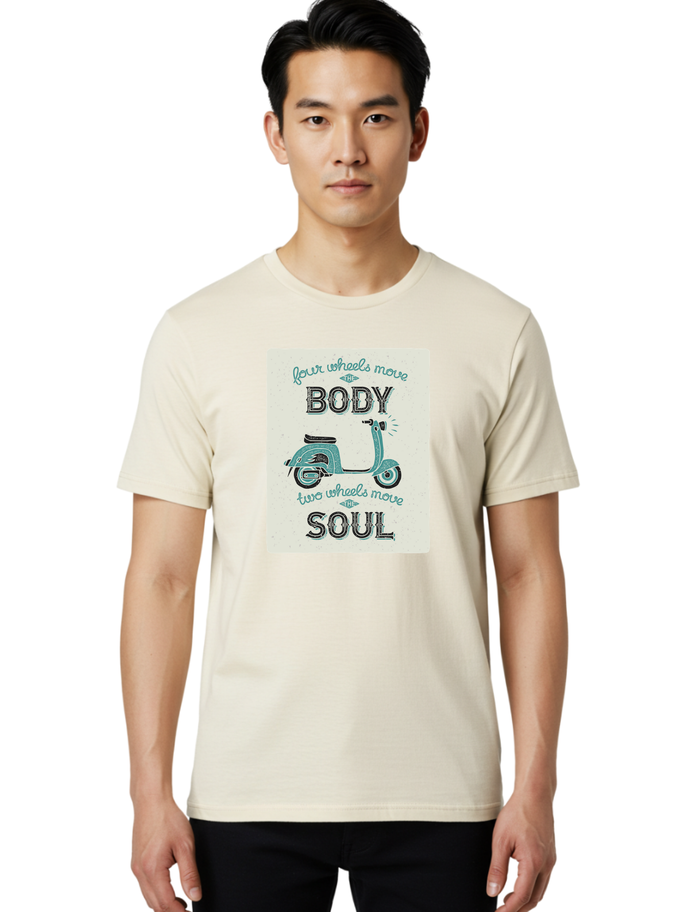 Four-Wheels-Move-The-Body-Two-Wheels-Move-The-Soul-1 Men'S Graphic Tee, 100% Cotton, Comfortable Casual Summer Wear, Machine Washable, Vintage Scooter, Retro Design, Quote About Soul, Bike Enthusiast, Motor Scooter, Scooter Lover, Aac435 6