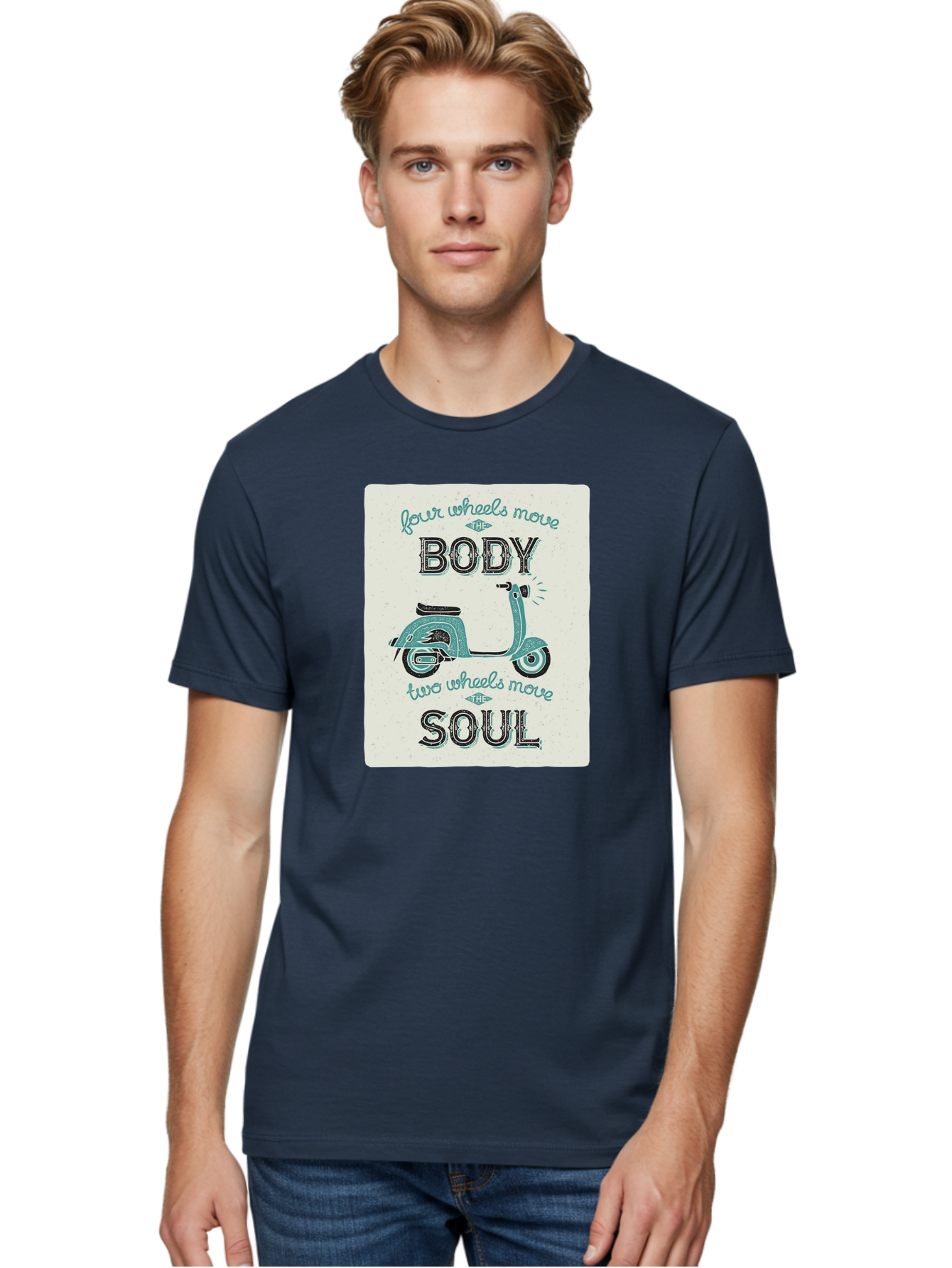 Four-Wheels-Move-The-Body-Two-Wheels-Move-The-Soul-1 Men'S Graphic Tee, 100% Cotton, Comfortable Casual Summer Wear, Machine Washable, Vintage Scooter, Retro Design, Quote About Soul, Bike Enthusiast, Motor Scooter, Scooter Lover, Aac435 10