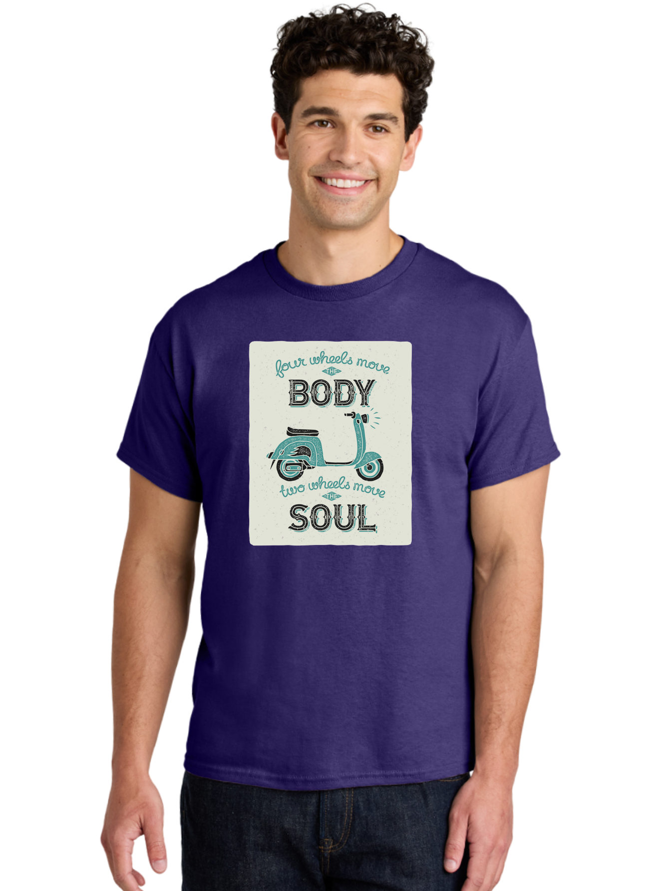 Four-Wheels-Move-The-Body-Two-Wheels-Move-The-Soul-1 Men'S Graphic Tee, 100% Cotton, Comfortable Casual Summer Wear, Machine Washable, Vintage Scooter, Retro Design, Quote About Soul, Bike Enthusiast, Motor Scooter, Scooter Lover, Aac435 30