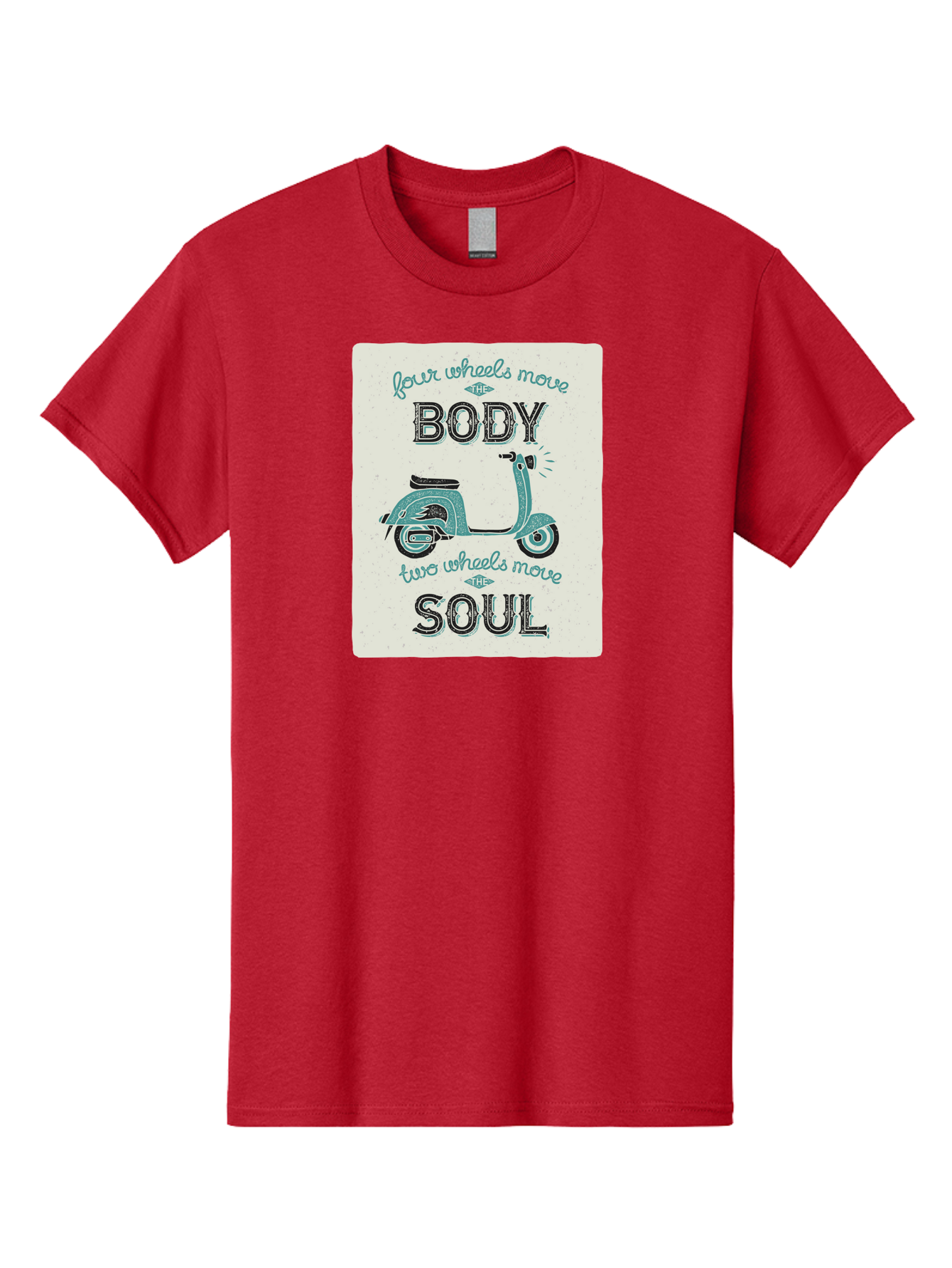 Four-Wheels-Move-The-Body-Two-Wheels-Move-The-Soul-1 Men'S Graphic Tee, 100% Cotton, Comfortable Casual Summer Wear, Machine Washable, Vintage Scooter, Retro Design, Quote About Soul, Bike Enthusiast, Motor Scooter, Scooter Lover, Aac435 21
