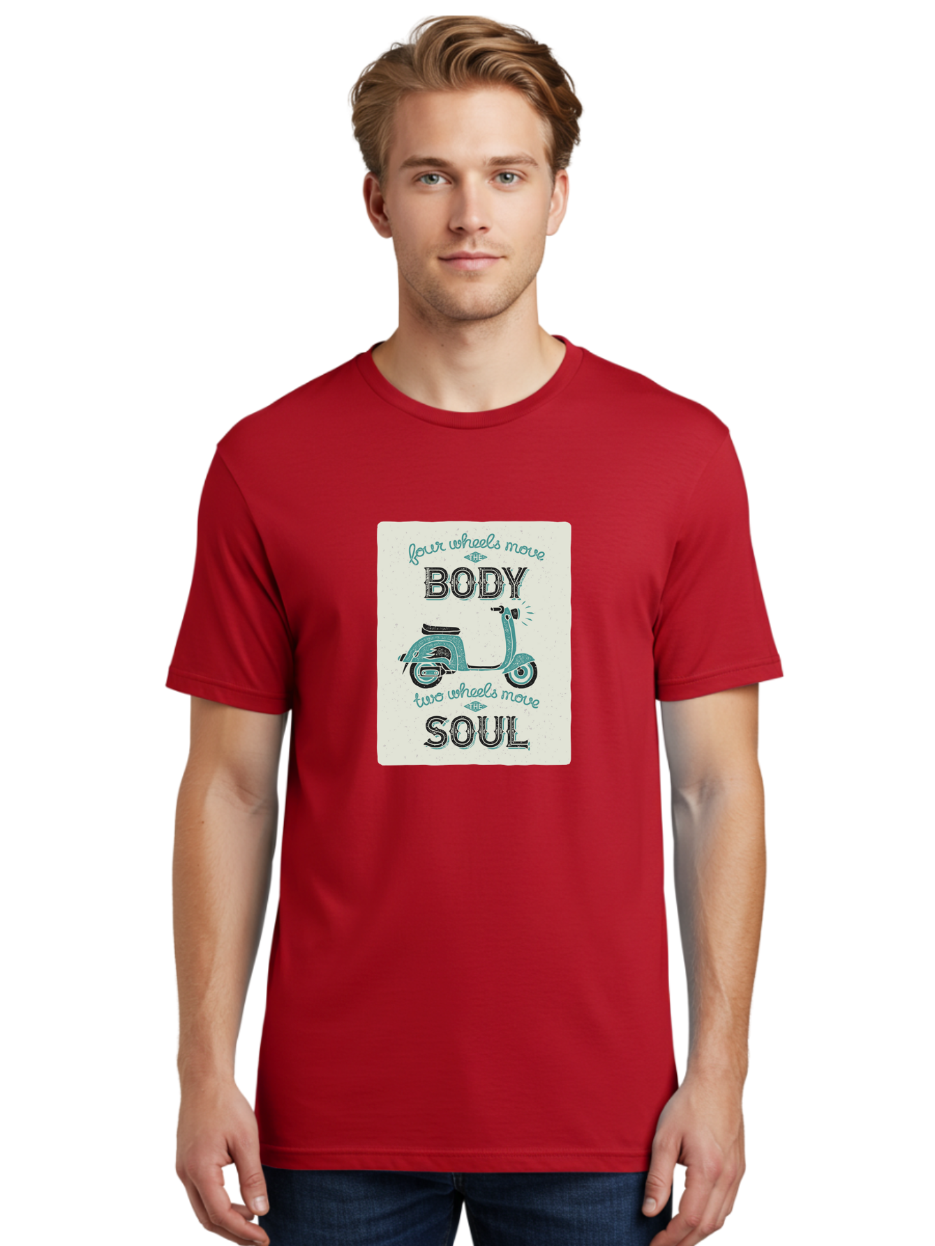 Four-Wheels-Move-The-Body-Two-Wheels-Move-The-Soul-1 Men'S Graphic Tee, 100% Cotton, Comfortable Casual Summer Wear, Machine Washable, Vintage Scooter, Retro Design, Quote About Soul, Bike Enthusiast, Motor Scooter, Scooter Lover, Aac435 22