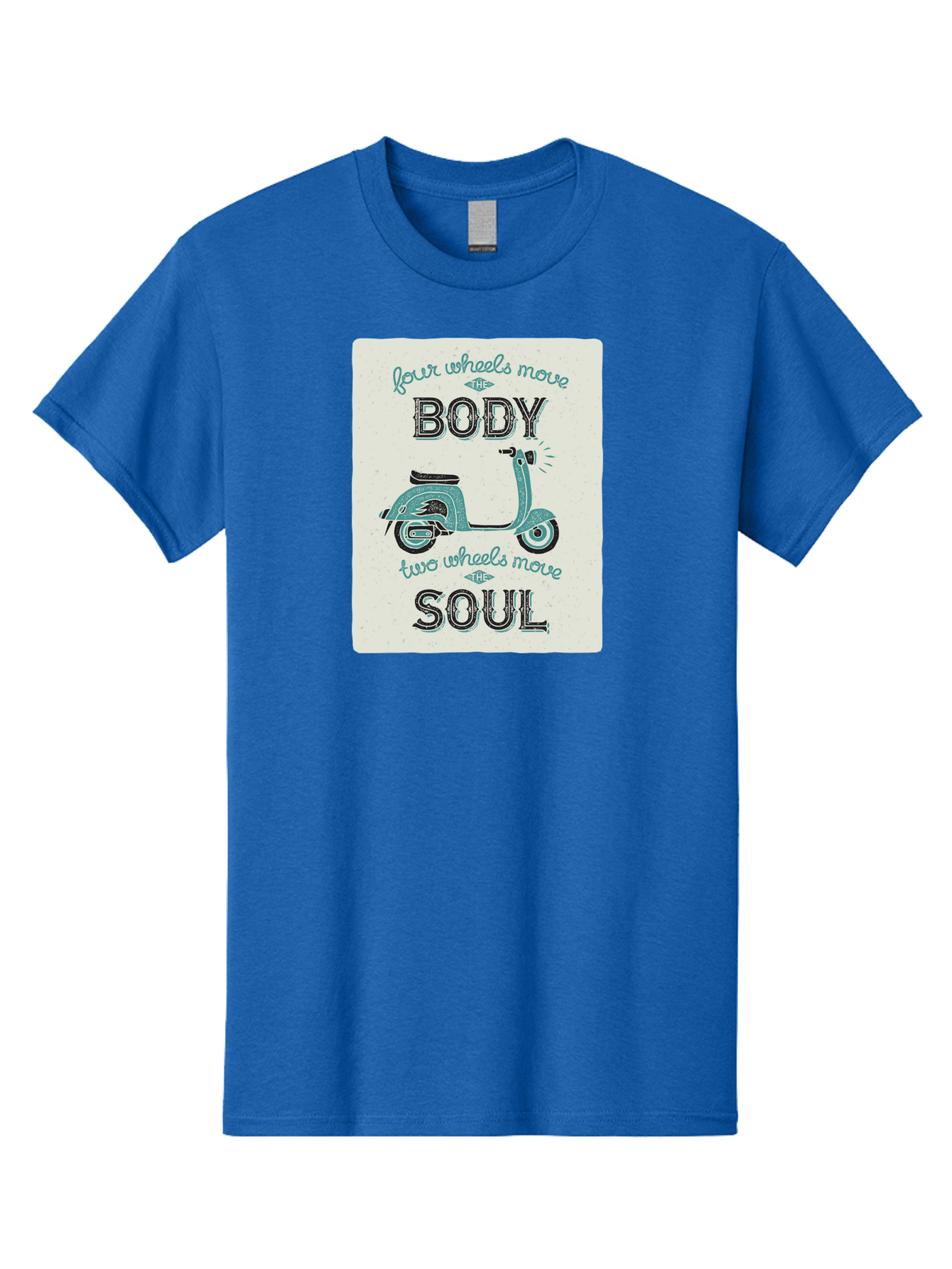 Four-Wheels-Move-The-Body-Two-Wheels-Move-The-Soul-1 Men'S Graphic Tee, 100% Cotton, Comfortable Casual Summer Wear, Machine Washable, Vintage Scooter, Retro Design, Quote About Soul, Bike Enthusiast, Motor Scooter, Scooter Lover, Aac435 27