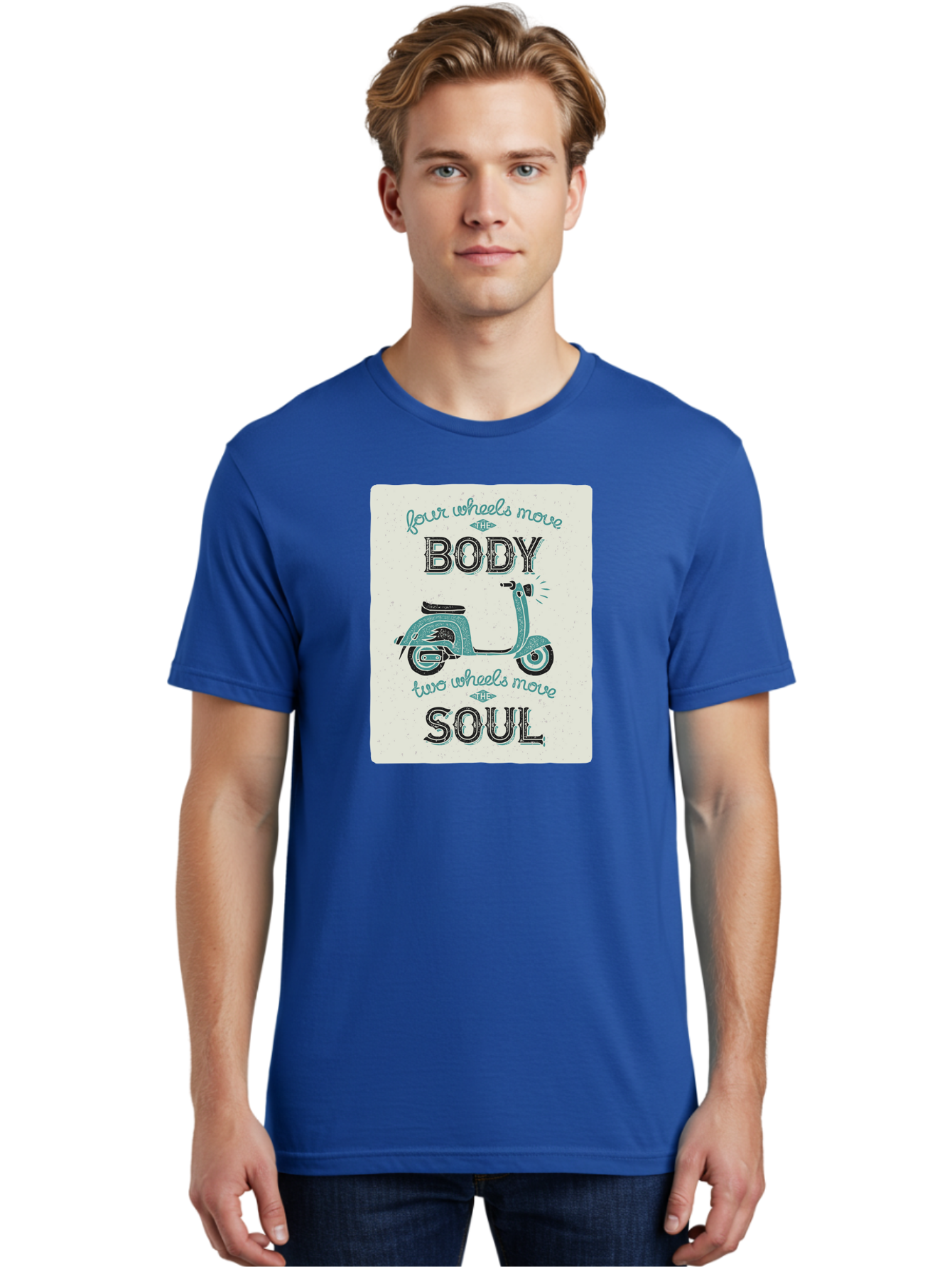 Four-Wheels-Move-The-Body-Two-Wheels-Move-The-Soul-1 Men'S Graphic Tee, 100% Cotton, Comfortable Casual Summer Wear, Machine Washable, Vintage Scooter, Retro Design, Quote About Soul, Bike Enthusiast, Motor Scooter, Scooter Lover, Aac435 28