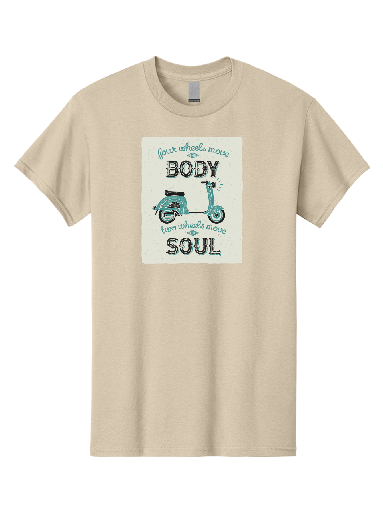 Four-Wheels-Move-The-Body-Two-Wheels-Move-The-Soul-1 Men'S Graphic Tee, 100% Cotton, Comfortable Casual Summer Wear, Machine Washable, Vintage Scooter, Retro Design, Quote About Soul, Bike Enthusiast, Motor Scooter, Scooter Lover, Aac435 11