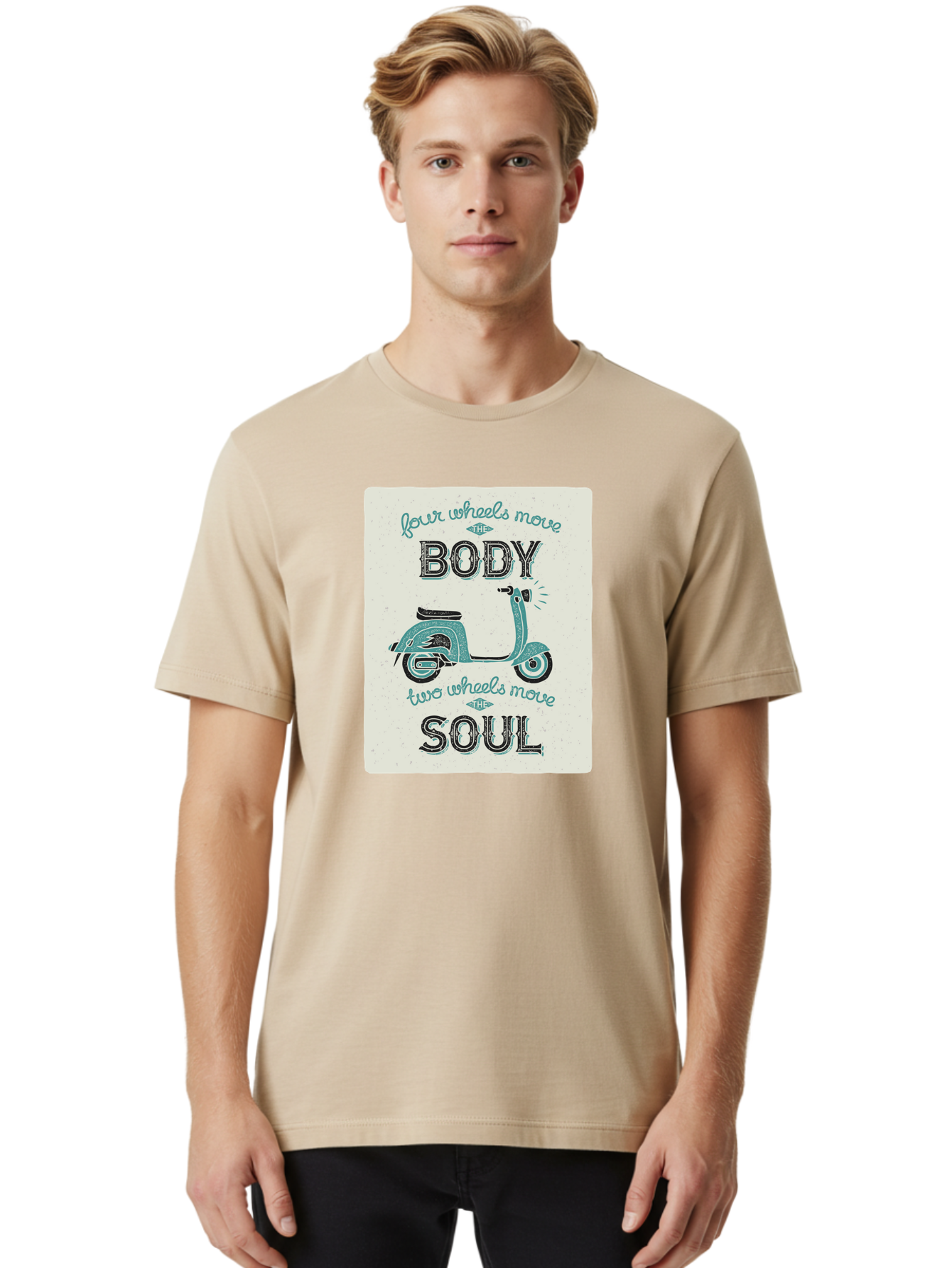 Four-Wheels-Move-The-Body-Two-Wheels-Move-The-Soul-1 Men'S Graphic Tee, 100% Cotton, Comfortable Casual Summer Wear, Machine Washable, Vintage Scooter, Retro Design, Quote About Soul, Bike Enthusiast, Motor Scooter, Scooter Lover, Aac435 12