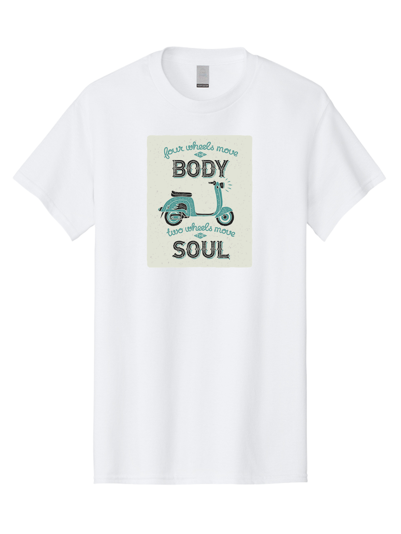 Four-Wheels-Move-The-Body-Two-Wheels-Move-The-Soul-1 Men'S Graphic Tee, 100% Cotton, Comfortable Casual Summer Wear, Machine Washable, Vintage Scooter, Retro Design, Quote About Soul, Bike Enthusiast, Motor Scooter, Scooter Lover, Aac435 7