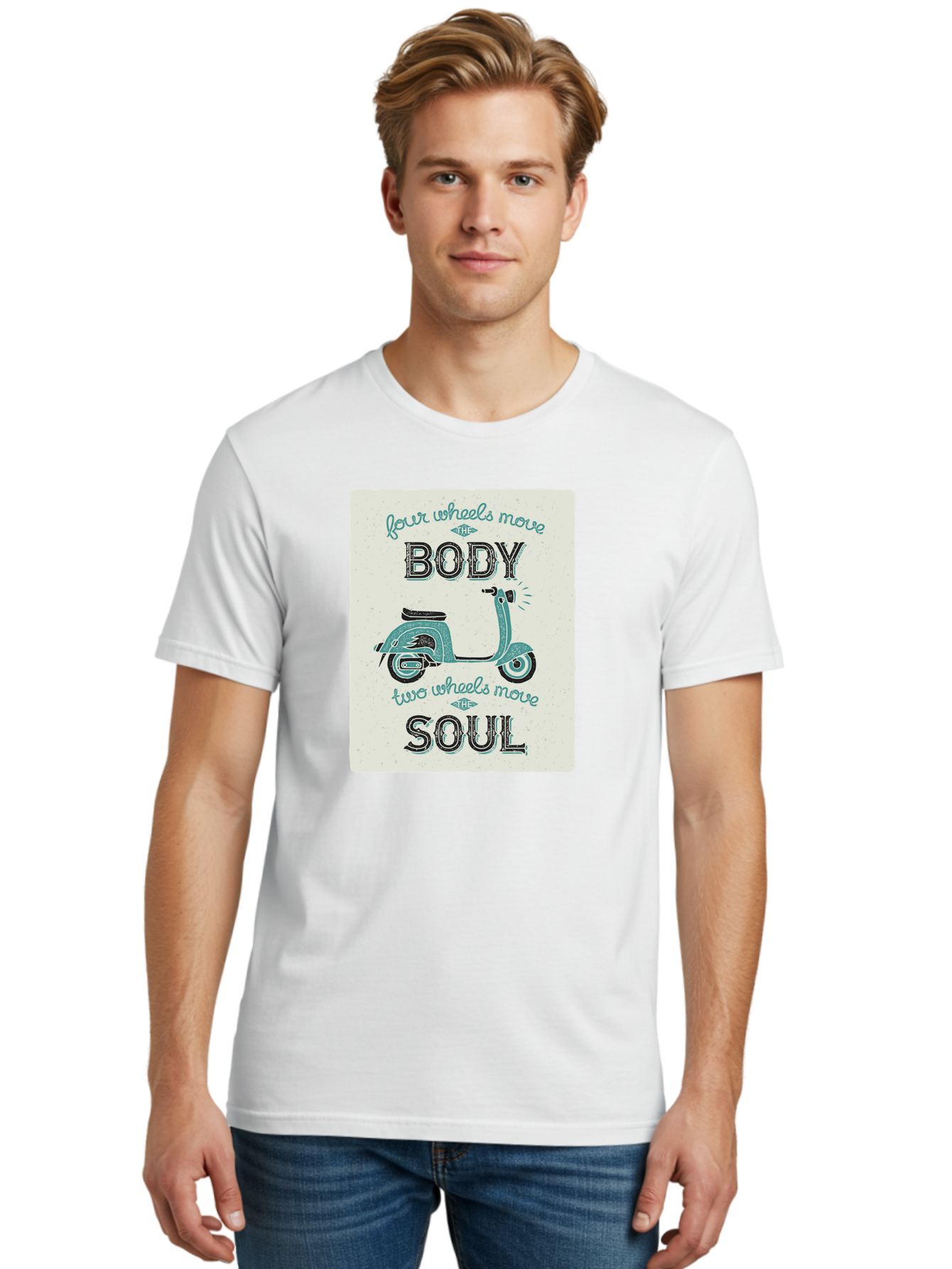 Four-Wheels-Move-The-Body-Two-Wheels-Move-The-Soul-1 Men'S Graphic Tee, 100% Cotton, Comfortable Casual Summer Wear, Machine Washable, Vintage Scooter, Retro Design, Quote About Soul, Bike Enthusiast, Motor Scooter, Scooter Lover, Aac435 8