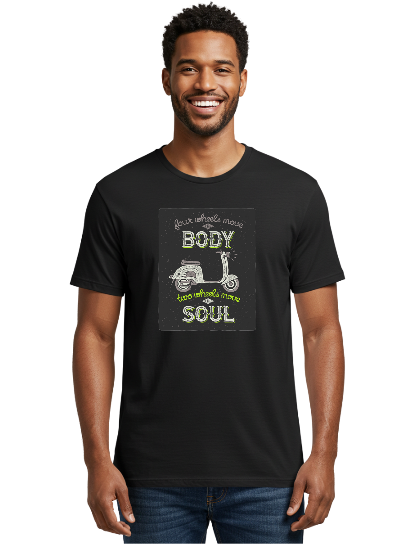 Four-Wheels-Move-The-Body-Two-Wheels-Move-The-Soul Men'S Graphic Tee, 100% Cotton, Comfortable Casual Summer Wear, Machine Washable, Vintage Scooter, Motivational Quote, Scooter Enthusiast, Soulful Ride, Freedom On Wheels, Biker Chic, Aac436 22