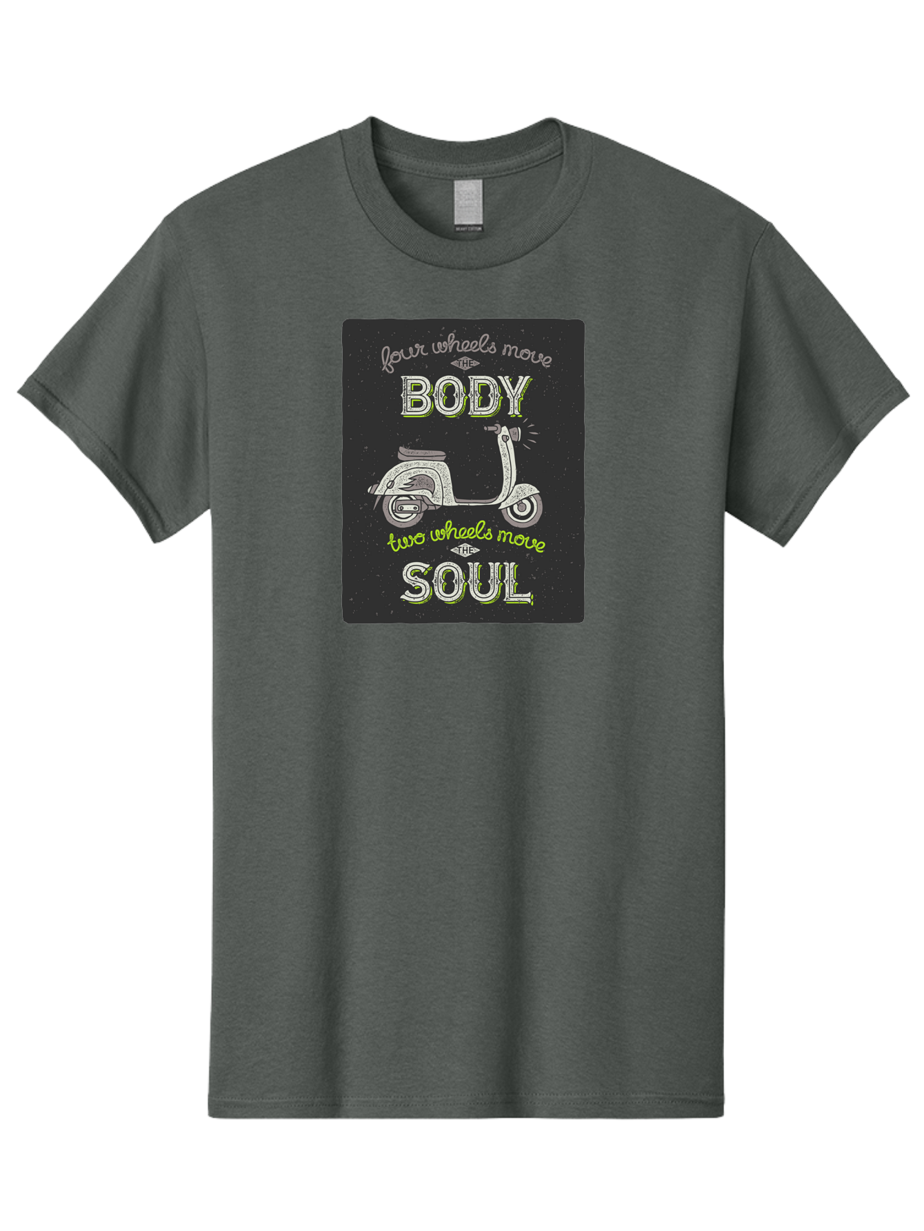 Four-Wheels-Move-The-Body-Two-Wheels-Move-The-Soul Men'S Graphic Tee, 100% Cotton, Comfortable Casual Summer Wear, Machine Washable, Vintage Scooter, Motivational Quote, Scooter Enthusiast, Soulful Ride, Freedom On Wheels, Biker Chic, Aac436 23