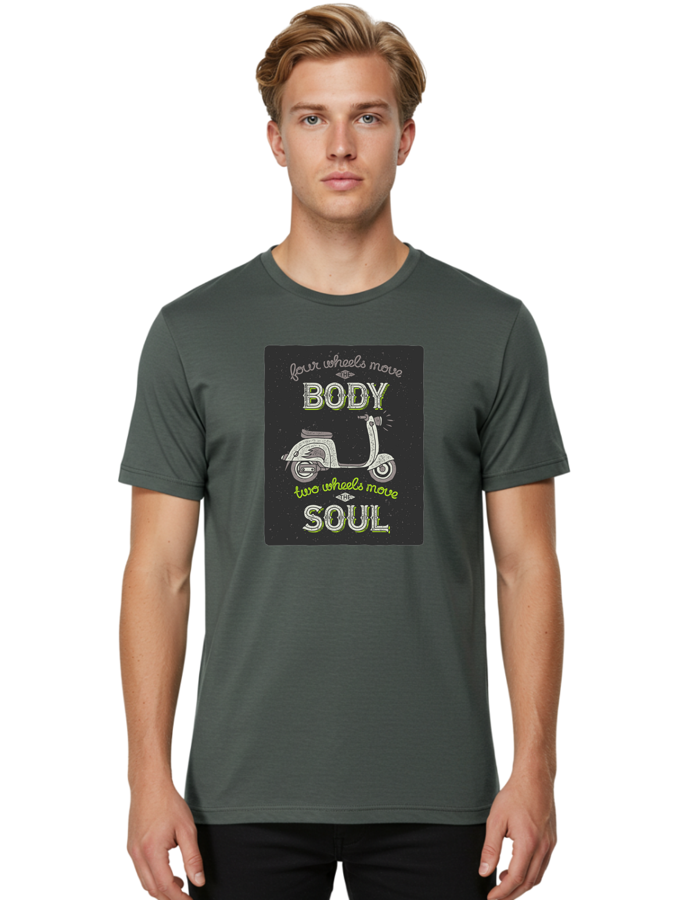 Four-Wheels-Move-The-Body-Two-Wheels-Move-The-Soul Men'S Graphic Tee, 100% Cotton, Comfortable Casual Summer Wear, Machine Washable, Vintage Scooter, Motivational Quote, Scooter Enthusiast, Soulful Ride, Freedom On Wheels, Biker Chic, Aac436 24