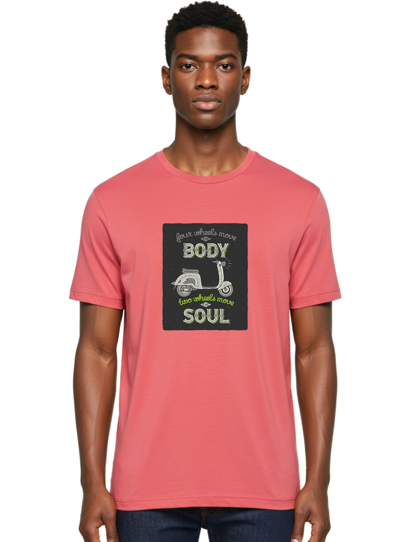 Four-Wheels-Move-The-Body-Two-Wheels-Move-The-Soul Men'S Graphic Tee, 100% Cotton, Comfortable Casual Summer Wear, Machine Washable, Vintage Scooter, Motivational Quote, Scooter Enthusiast, Soulful Ride, Freedom On Wheels, Biker Chic, Aac436 2