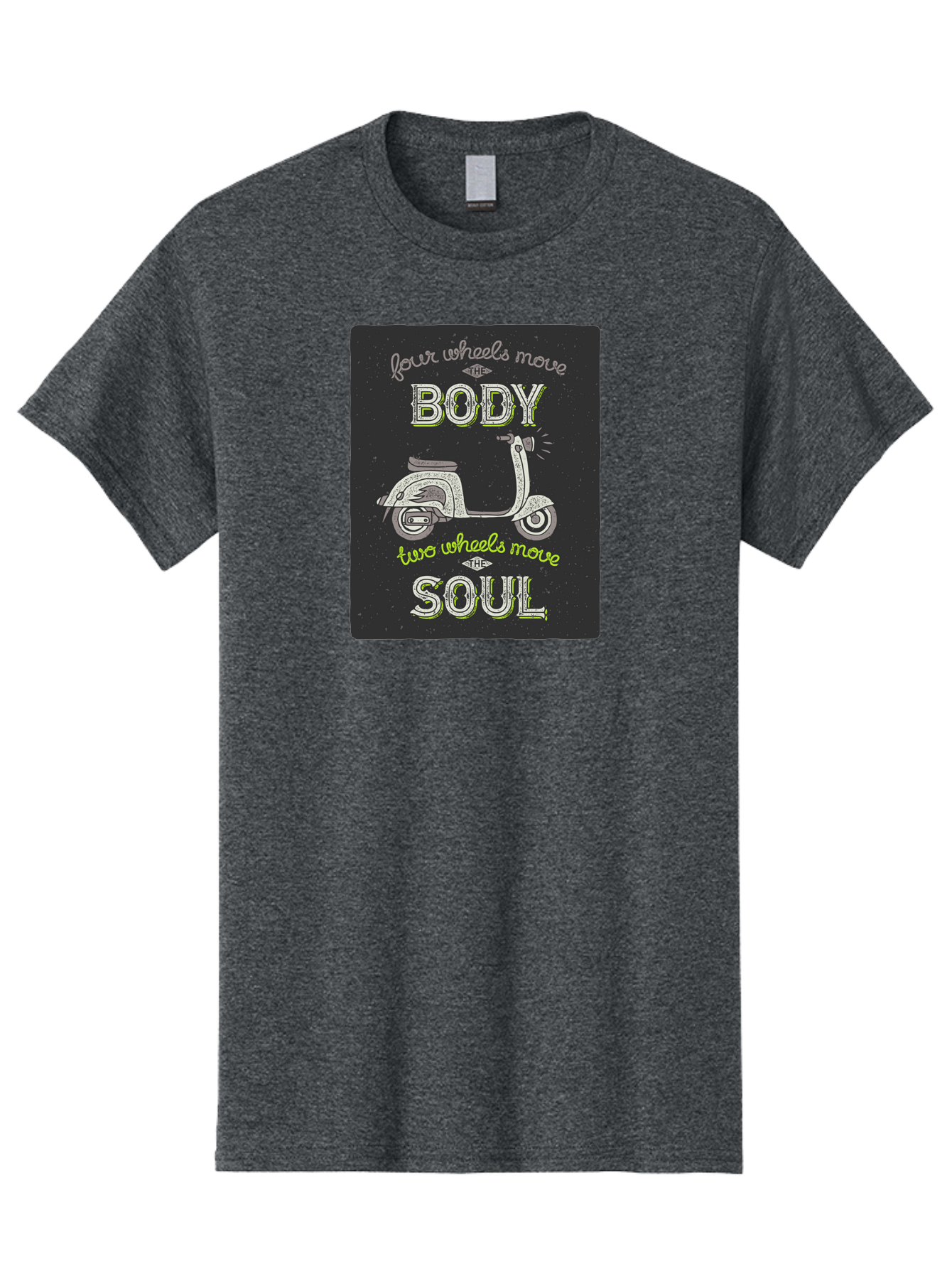 Four-Wheels-Move-The-Body-Two-Wheels-Move-The-Soul Men'S Graphic Tee, 100% Cotton, Comfortable Casual Summer Wear, Machine Washable, Vintage Scooter, Motivational Quote, Scooter Enthusiast, Soulful Ride, Freedom On Wheels, Biker Chic, Aac436 7