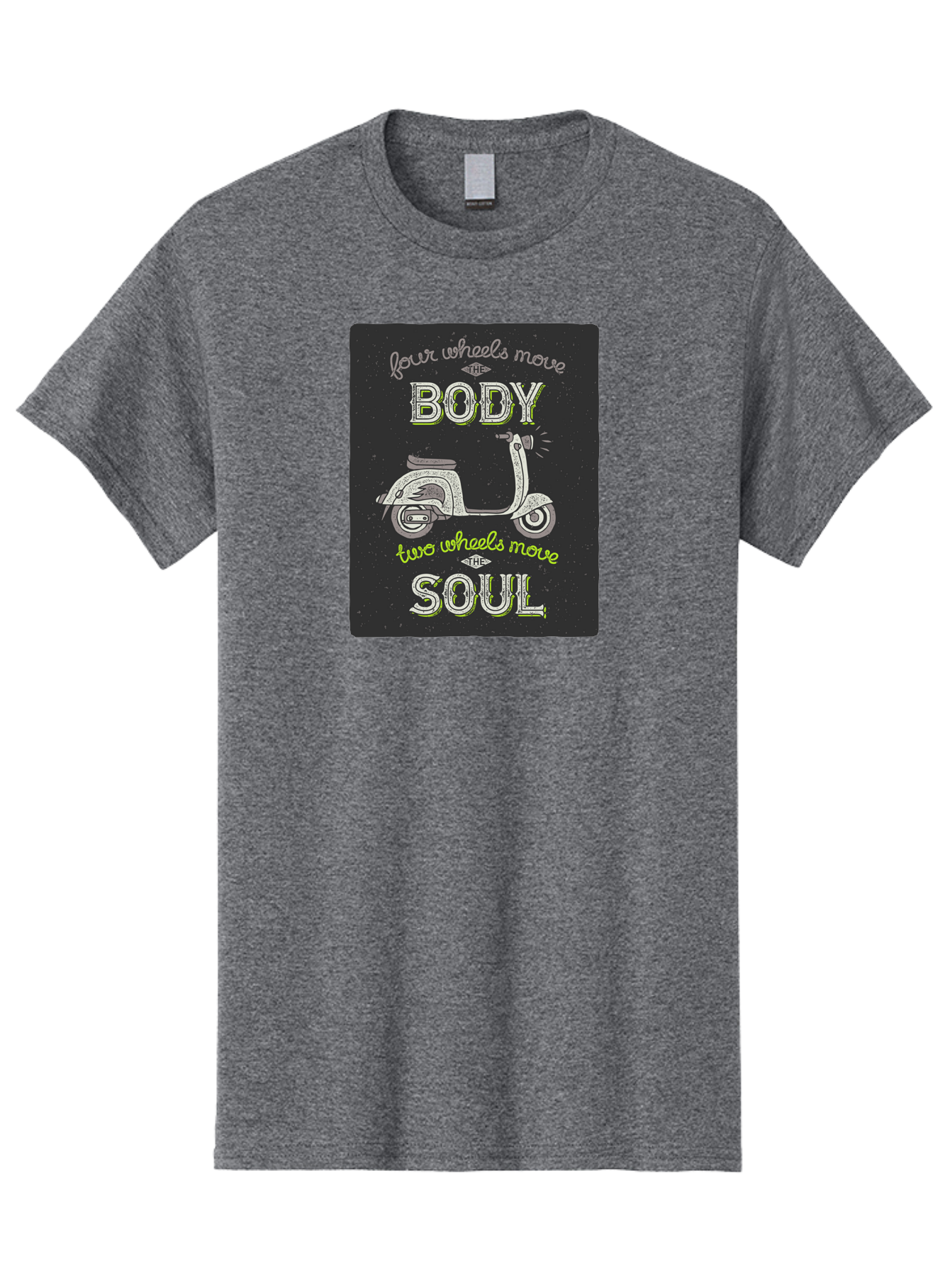 Four-Wheels-Move-The-Body-Two-Wheels-Move-The-Soul Men'S Graphic Tee, 100% Cotton, Comfortable Casual Summer Wear, Machine Washable, Vintage Scooter, Motivational Quote, Scooter Enthusiast, Soulful Ride, Freedom On Wheels, Biker Chic, Aac436 11