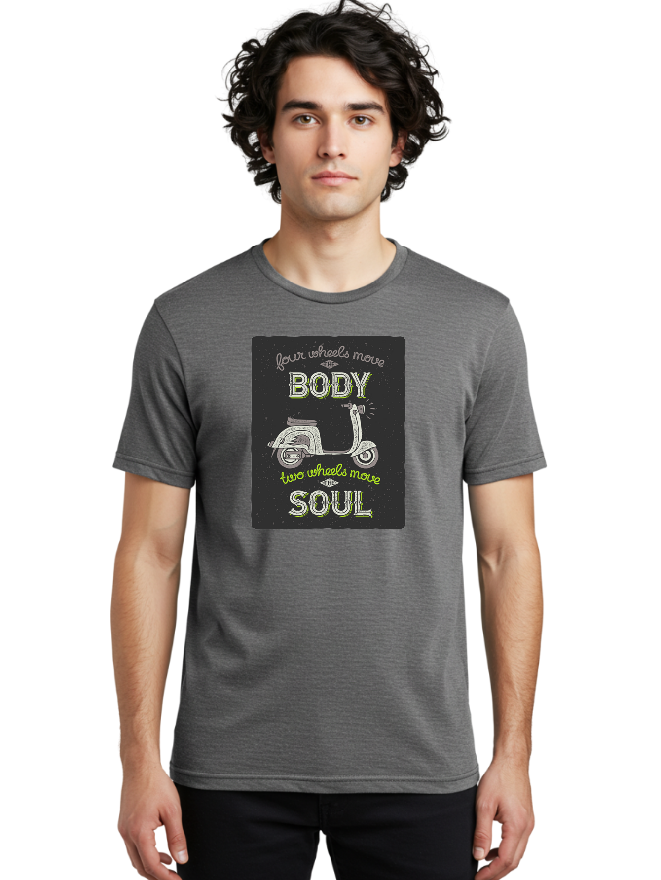 Four-Wheels-Move-The-Body-Two-Wheels-Move-The-Soul Men'S Graphic Tee, 100% Cotton, Comfortable Casual Summer Wear, Machine Washable, Vintage Scooter, Motivational Quote, Scooter Enthusiast, Soulful Ride, Freedom On Wheels, Biker Chic, Aac436 12