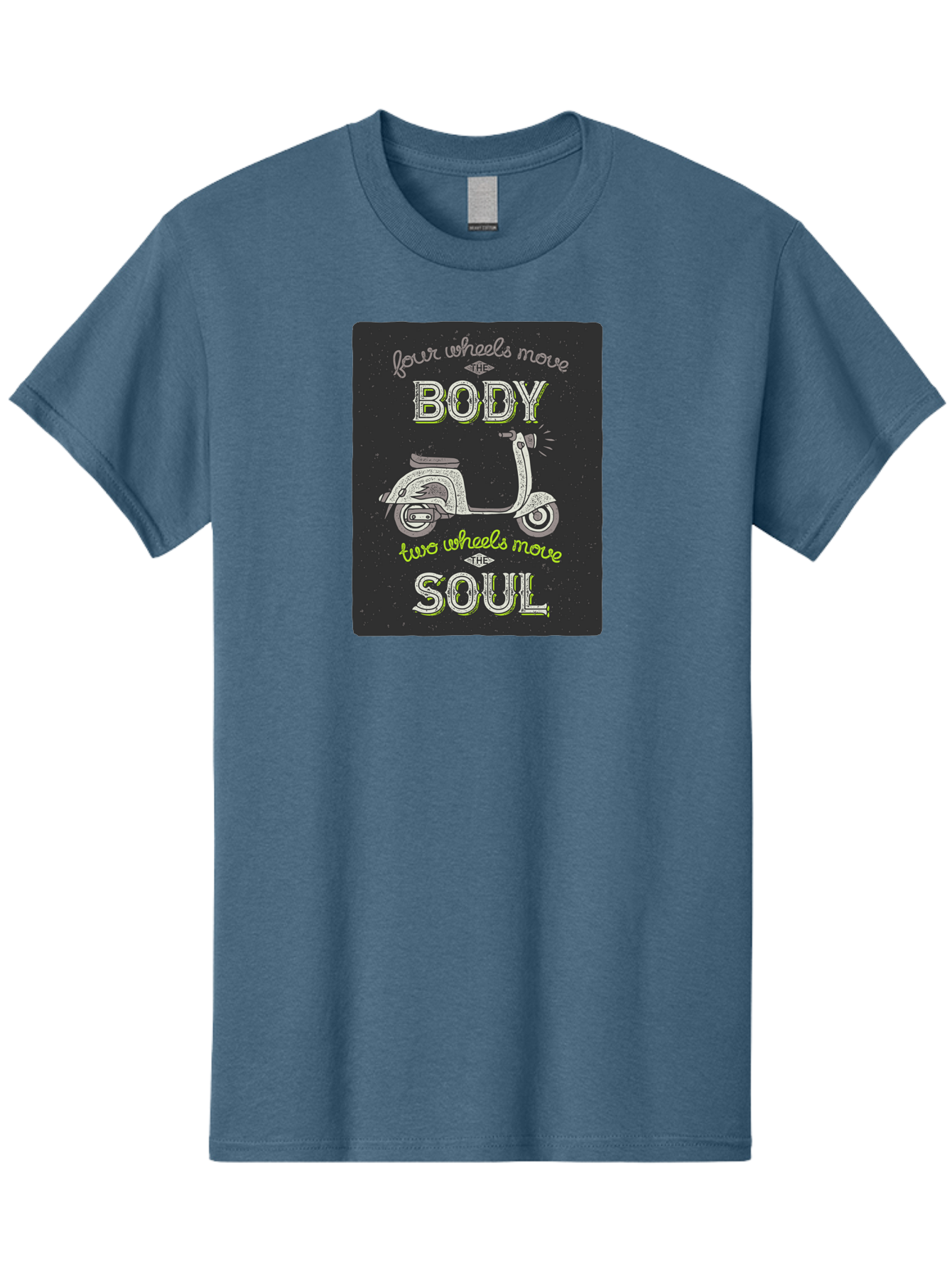 Four-Wheels-Move-The-Body-Two-Wheels-Move-The-Soul Men'S Graphic Tee, 100% Cotton, Comfortable Casual Summer Wear, Machine Washable, Vintage Scooter, Motivational Quote, Scooter Enthusiast, Soulful Ride, Freedom On Wheels, Biker Chic, Aac436 25