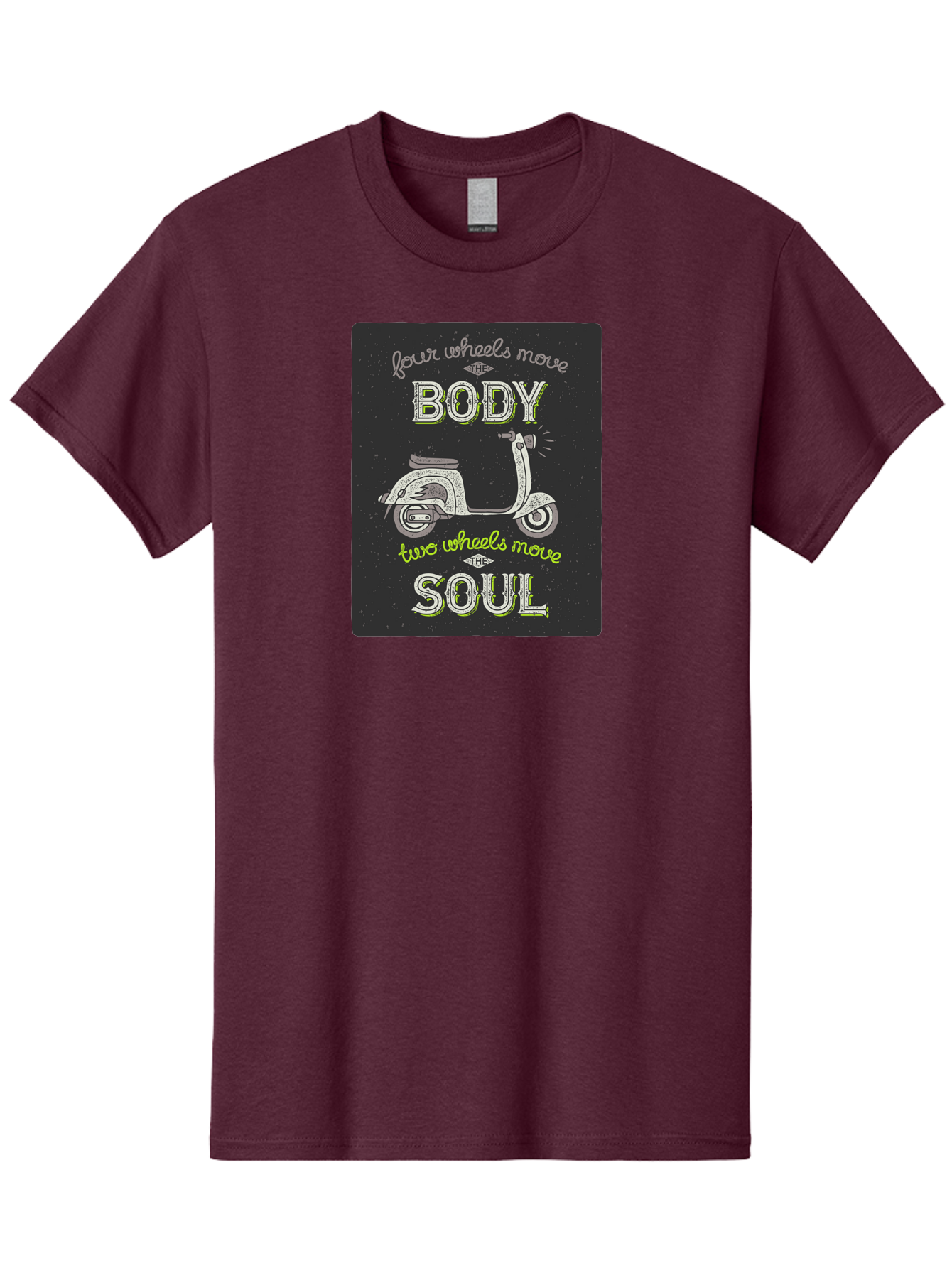 Four-Wheels-Move-The-Body-Two-Wheels-Move-The-Soul Men'S Graphic Tee, 100% Cotton, Comfortable Casual Summer Wear, Machine Washable, Vintage Scooter, Motivational Quote, Scooter Enthusiast, Soulful Ride, Freedom On Wheels, Biker Chic, Aac436 5